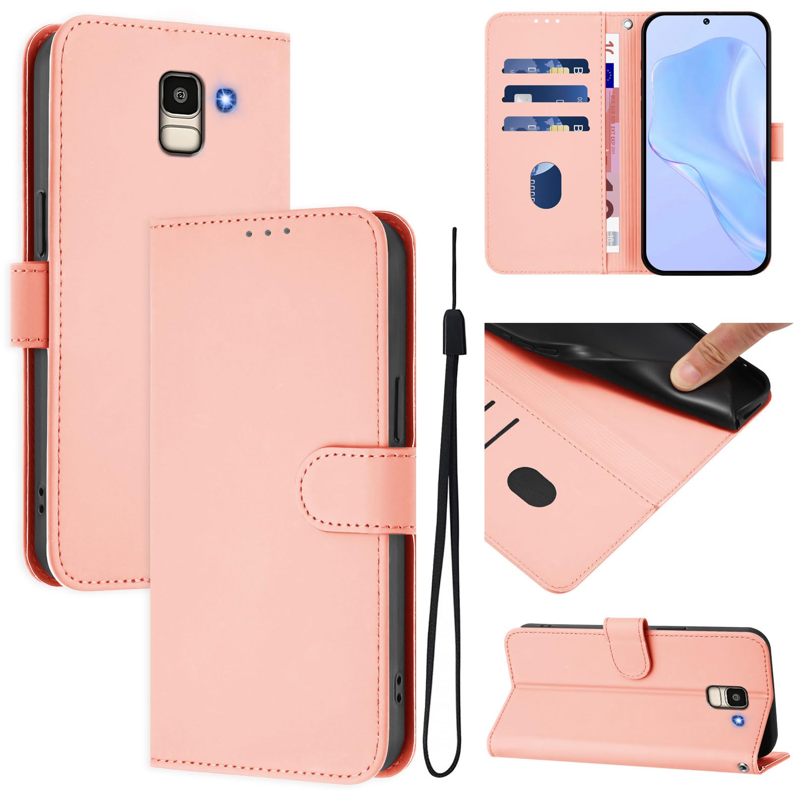 Wallet Case Compatible for Samsung Galaxy J6 2018, PU Leather Flip Folio Case with RFID Blocking Credit Card Holder and Wrist Strap Cover Women Men for Samsung Galaxy J6 2018 (A)