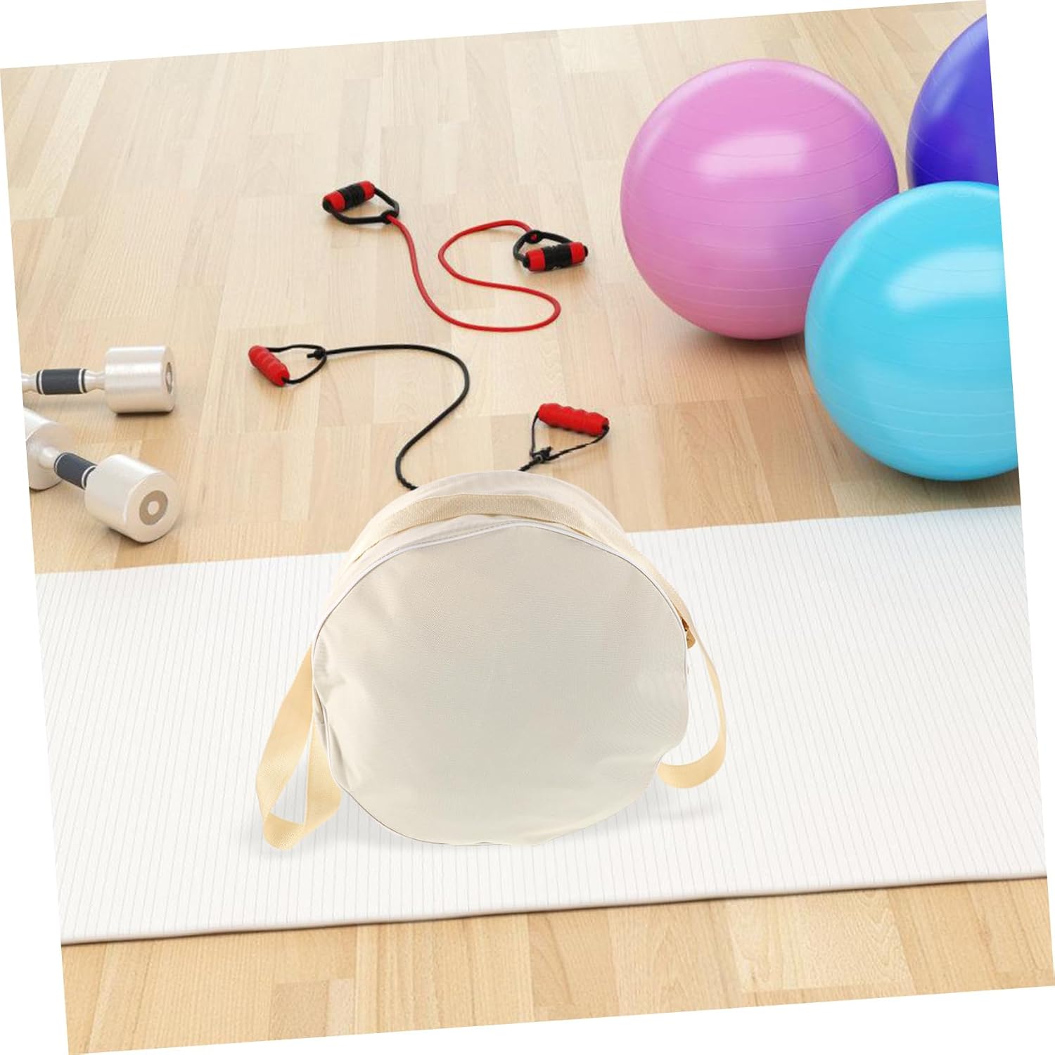 Yoga Wheel Carrying Case Lightweight Beige Storage Bag with Adjustable Strap and Pockets for Yoga Accessories Travel and Gym Use