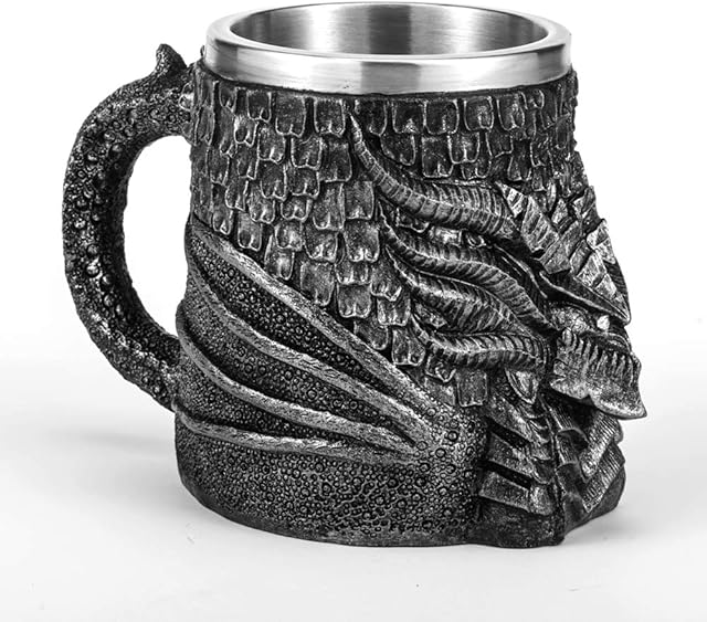 Medieval Dragon Beer Mug, Stainless Steel Coffee Cup Gift Mug for Dragon Collector, Themed Party Decoration,Viking Tankard Drinkware Mug for Coffee/Beverage/Juice 17oz.