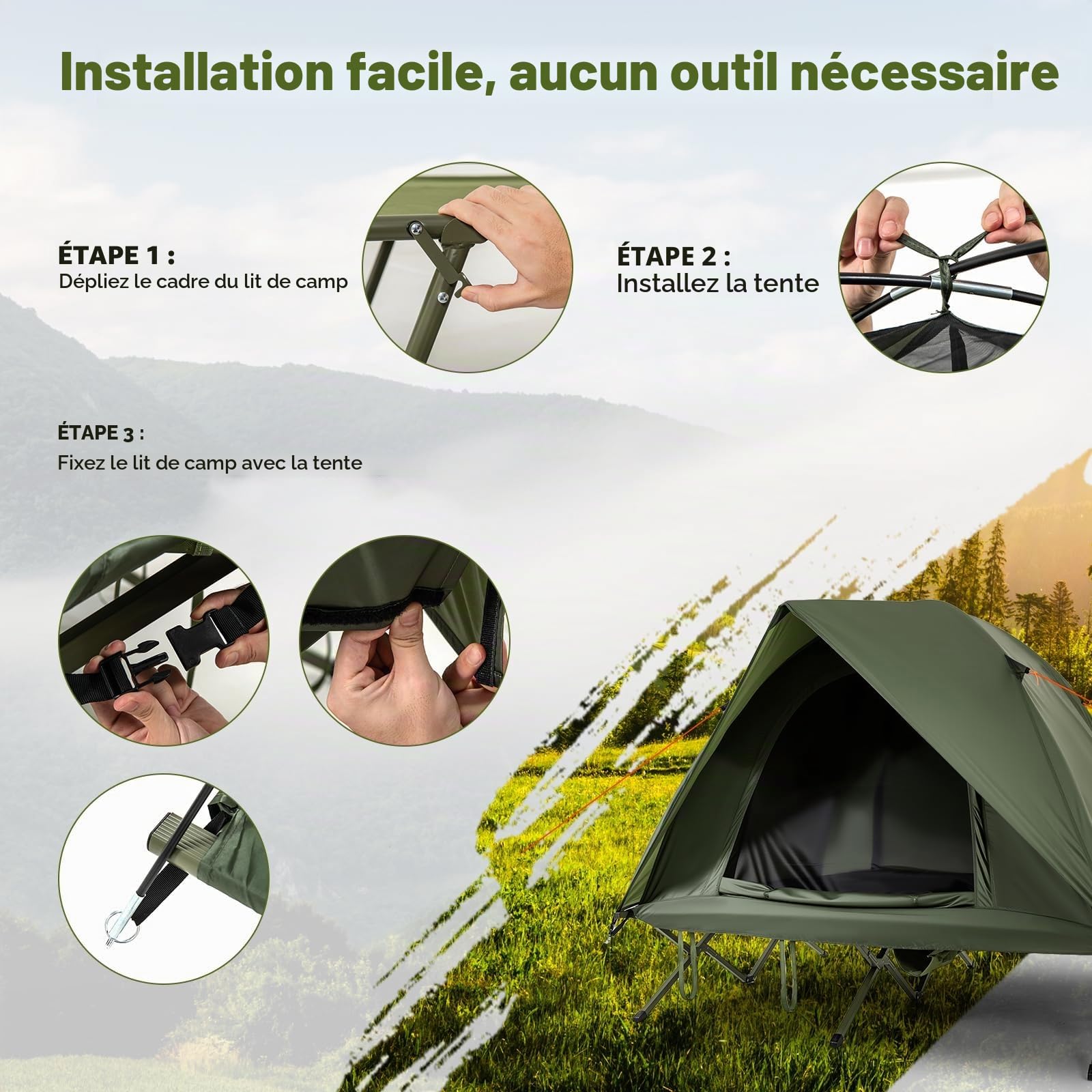 FANTASK Lit de Camp avec Tente pour 2 Personnes, équipement de Camping avec Housse de Pluie, 2 Portes en Filet, fenêtre de Toit et Sac Roulant, lit d'hébergement utilisable en Plein air, jusqu'à 300