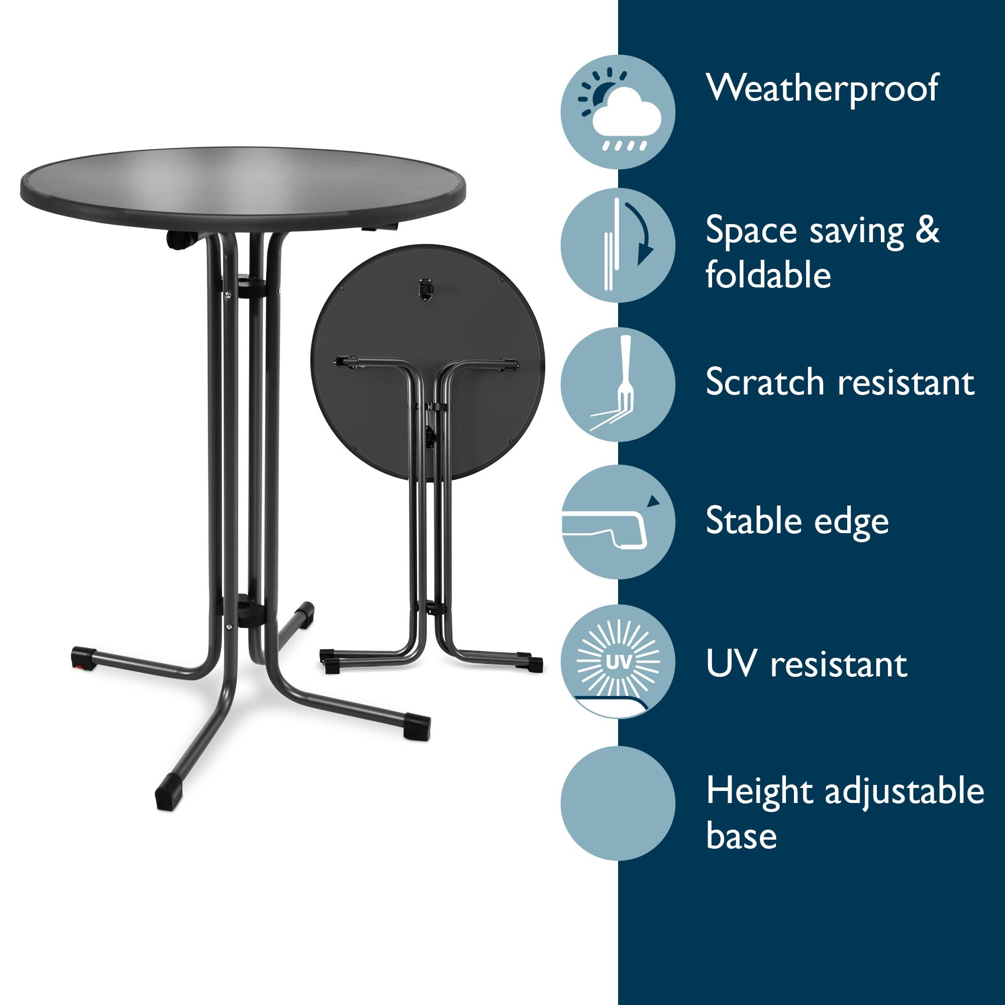 Beautissu Mesa Alta Plegable Negra Ø70cm Bellini – Robusta Mesa Bistró para Exteriores, Resistente a Intemperie, Pie Ajustable en Altura, Fácil Montaje con Soporte Premontado – Mesa Redonda