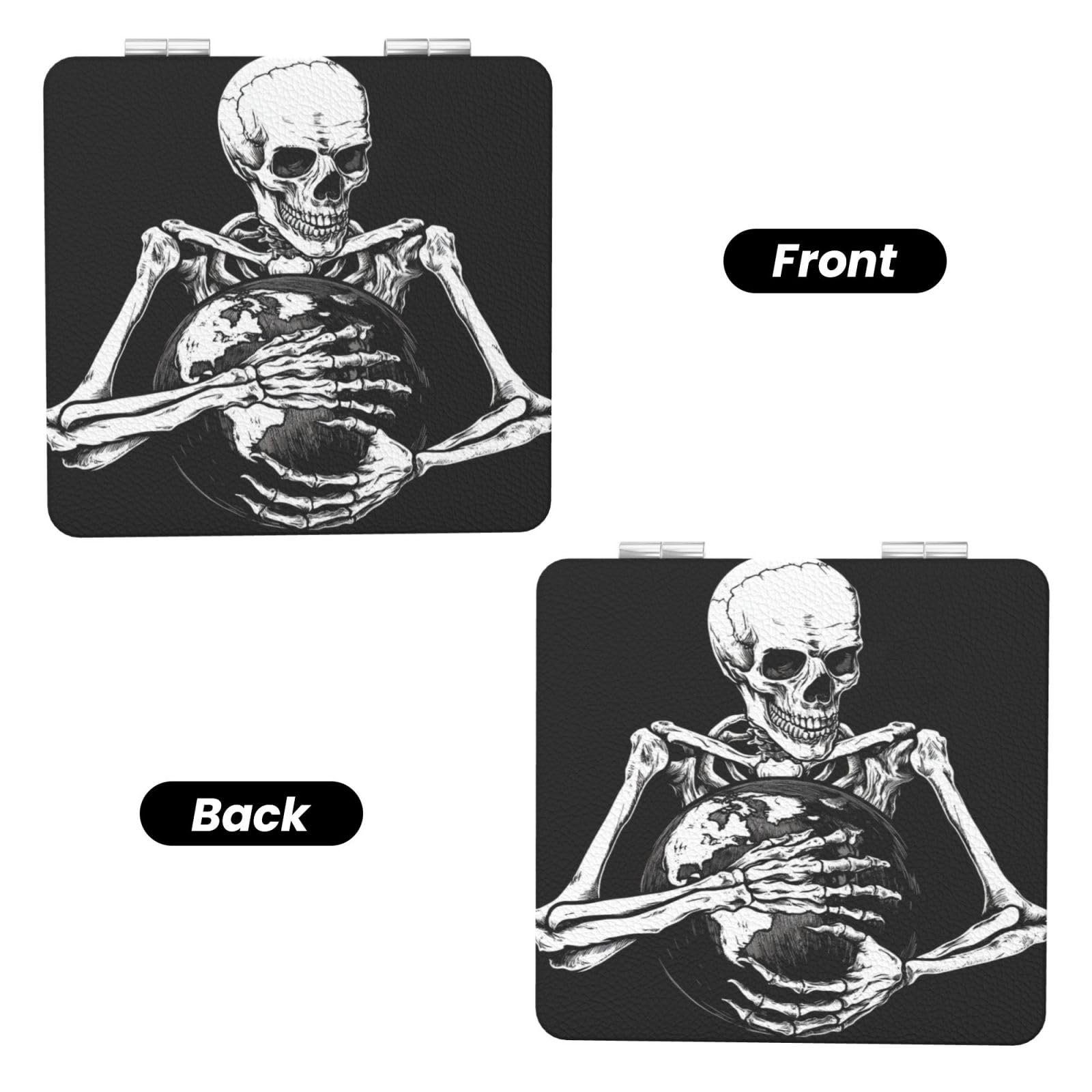 Skeleton Gripping A Globe Travel Makeup Mirror Double-Sided Portable Compact Makeup Mirror Pocket Magnifying Pu Leather Travel Mirror for Daily Work Business Square