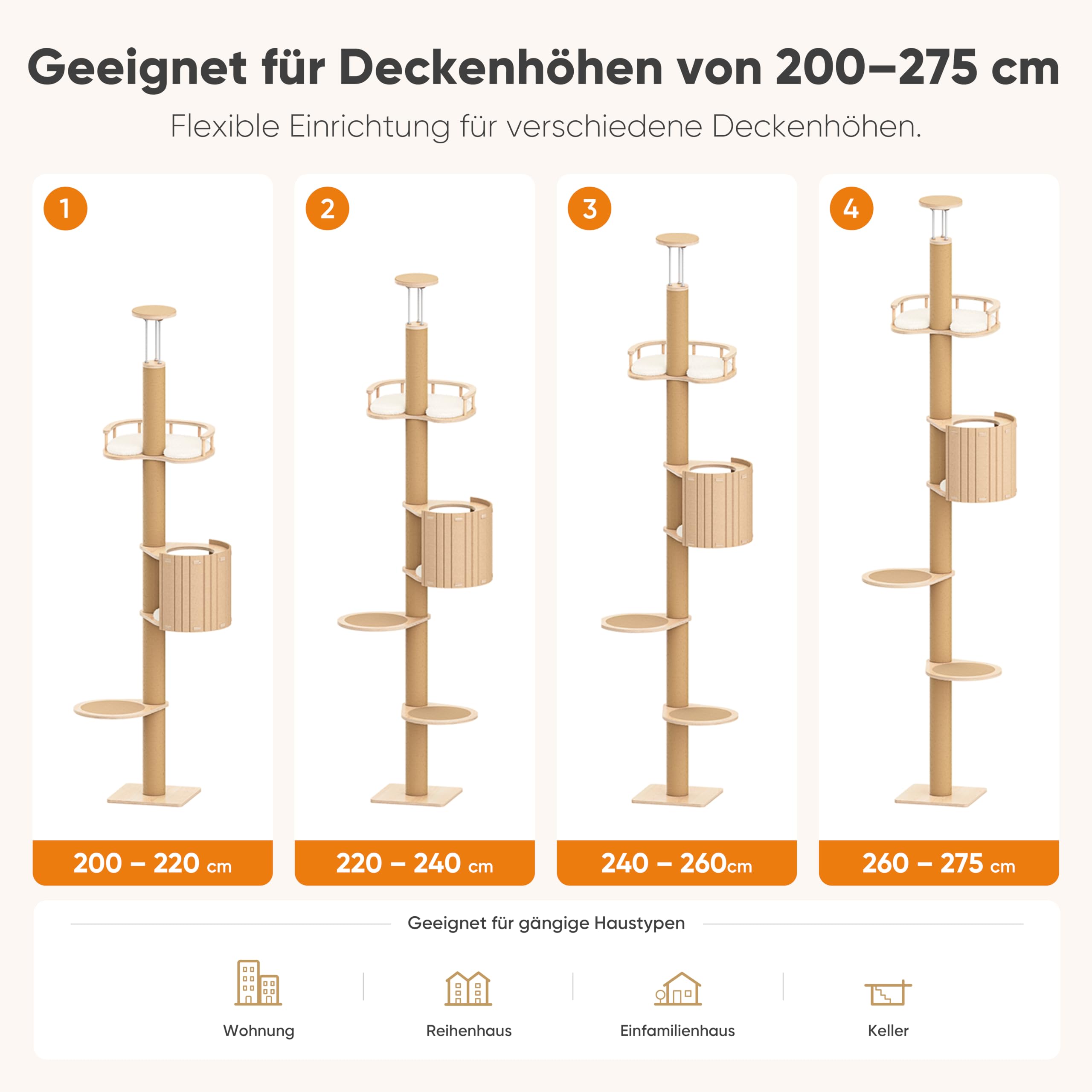 FUKUMARU Kratzbaum, bis zur Decke reichender Katzenturm,Katzenbaum aus Natürliches Gummiholz-Sperrholz, mit Katzenversteck-Zelt und oberer Liegenische mit Geländer,beige