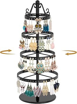 MODOWEY Rotating Earring Holder Organizer Stand, 4 Tier Adjustable Metal Display Tree, 160 Holes Earing Rack for Pierced Stud Dangle Hoop Storage, Space-Saving Jewelry Hanger Tower for Women, Black
