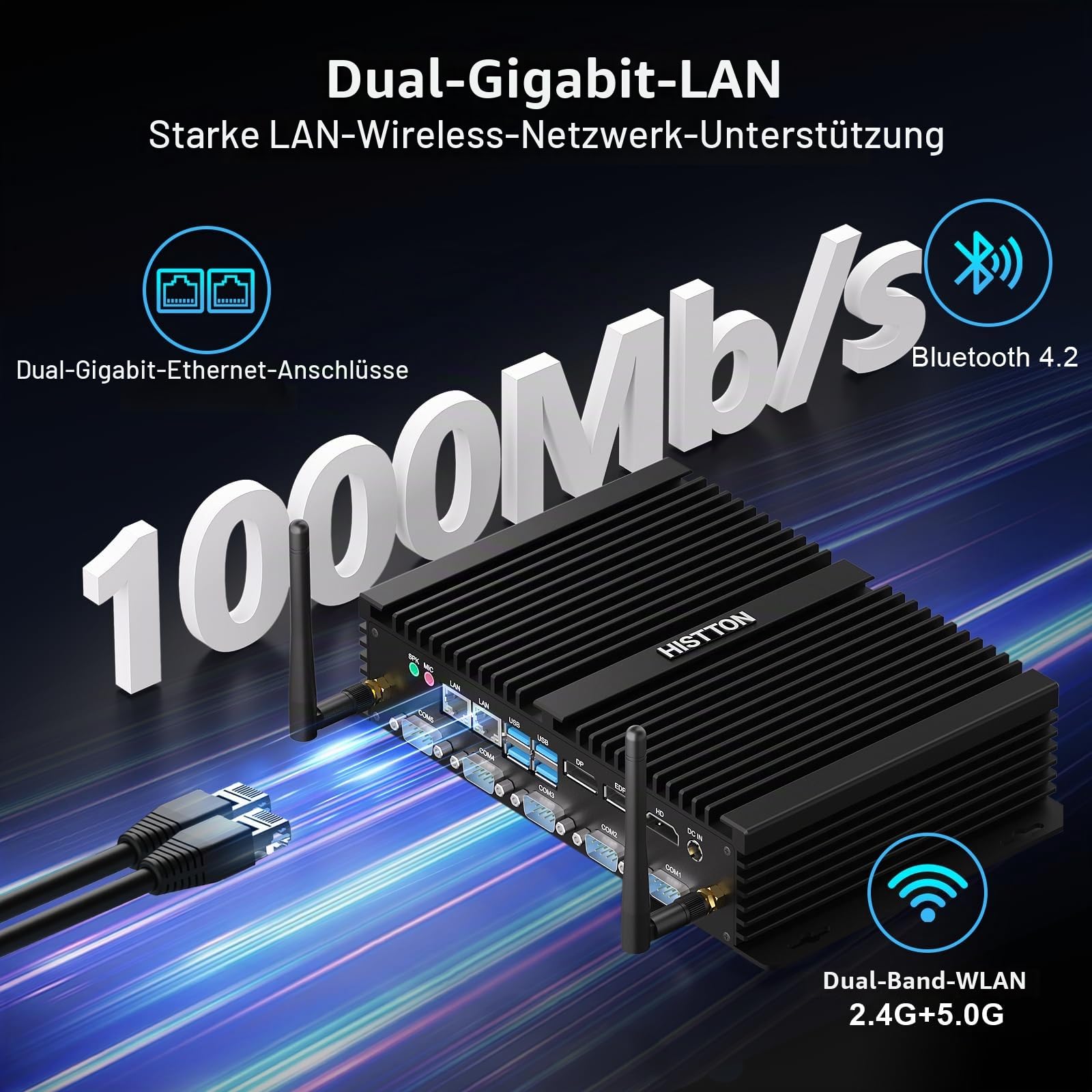 HISTTON Mini PC Lüfterlos Industrie PC Quad Core i7-8550U DDR4 16GB RAM 512GB SSD, 4 RS232 COM+2 RS232/485 COM, 2 LAN, HD 2.0, DP, EDP, LPT, WiFi, Mini Desktop PC Windows 11 Pro/Linux Ubuntu