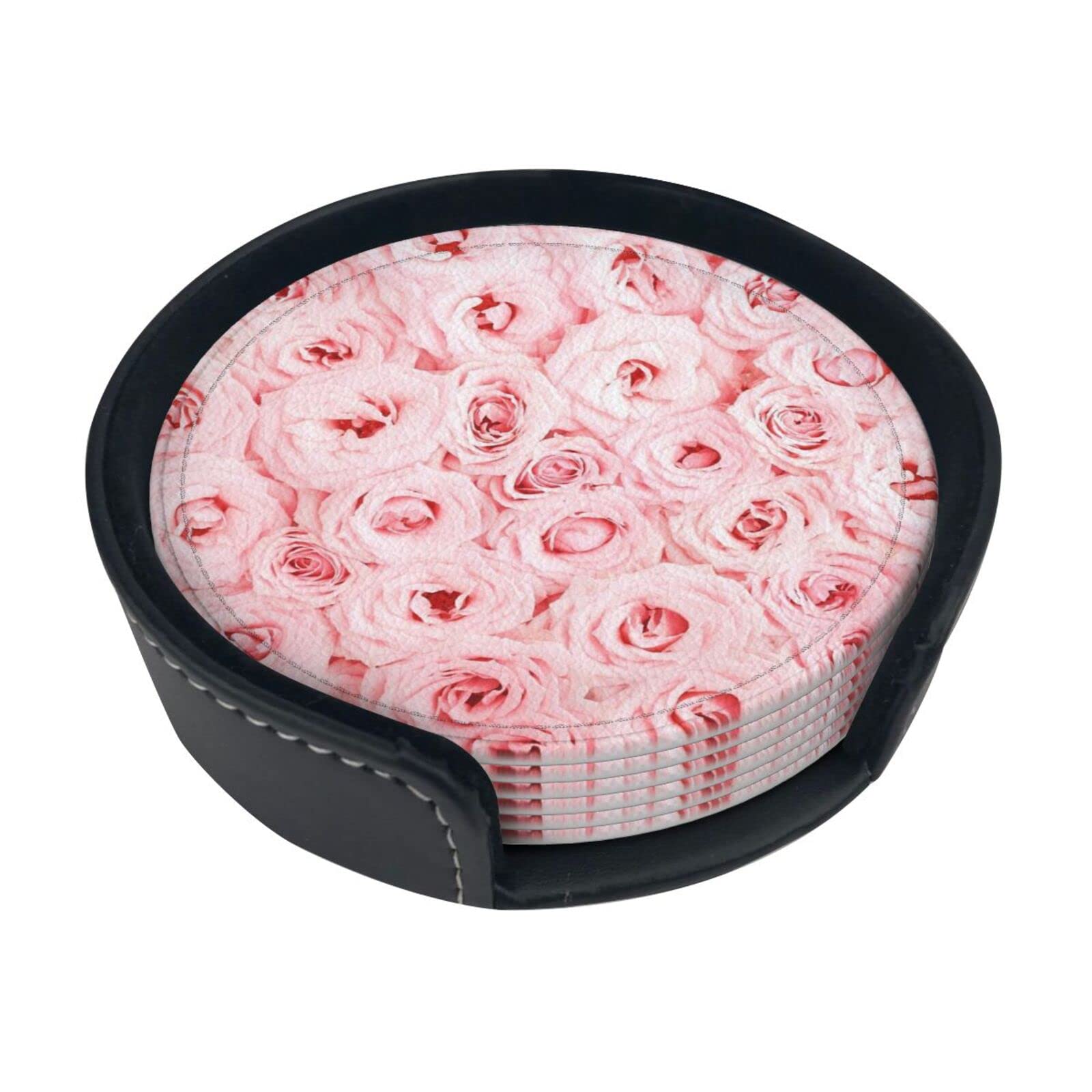 Pink Fresh Roses Coaster,6 Pcs Leather Coasters, for Drinks Absorbent with Storage Box
