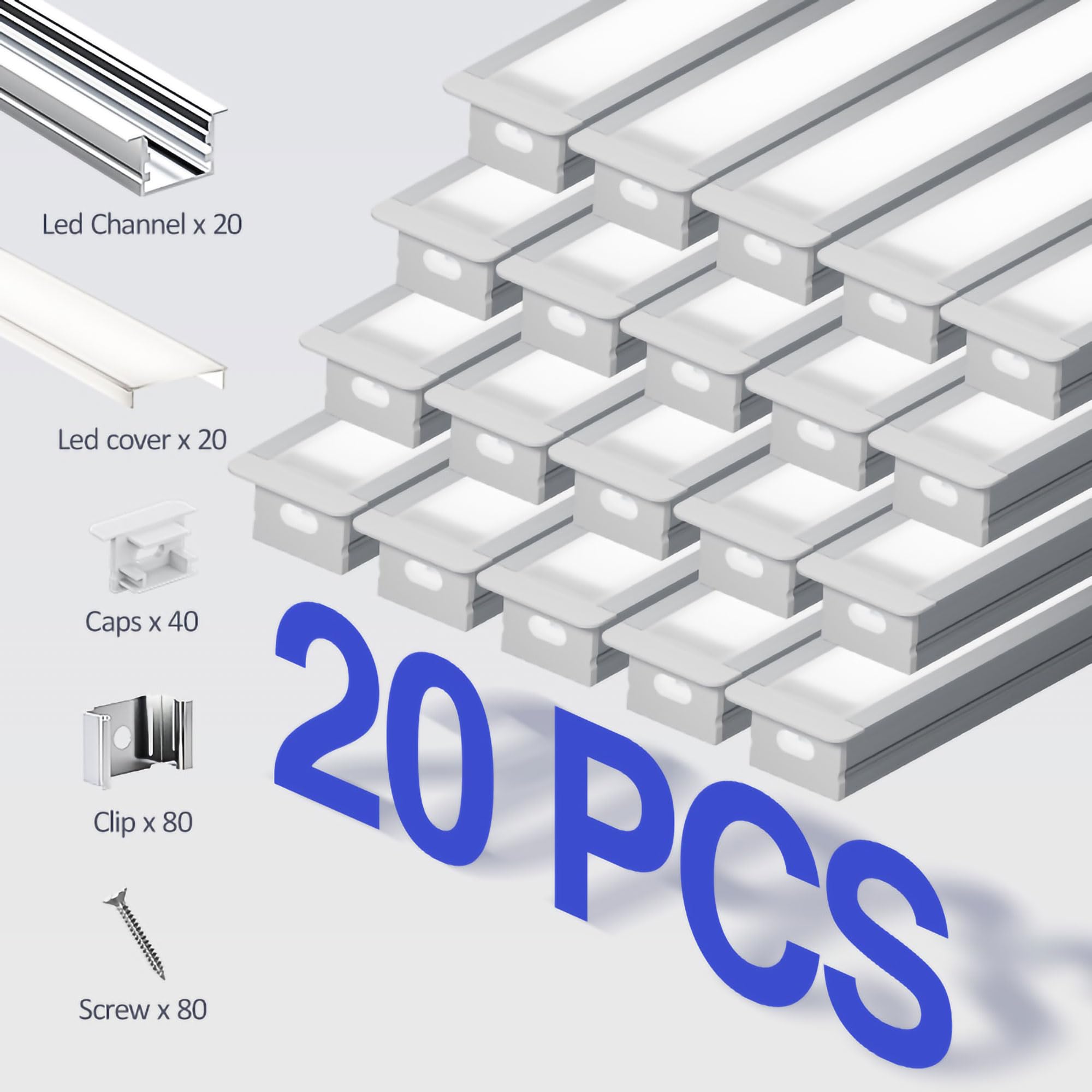 20 x Profili per Strisce LED 2 m (40m) U Profilo Alluminio per Cartongesso, Compatibile con Strisce LED fino a 15 mm – Binario LED con Diffusore Opalino, Tappi Finali, Viti - 2000 x 27,2 x 15mm
