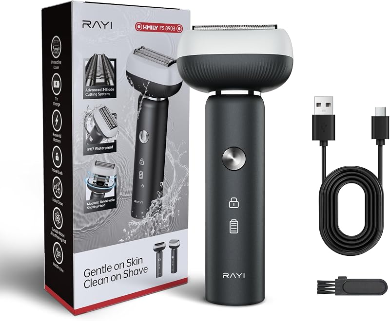 Barbeador elétrico masculino RAYI com 3 lâminas de arco flutuante, 9000 RPM, cabeça magnética, carregamento USB-C, IPX7, preto