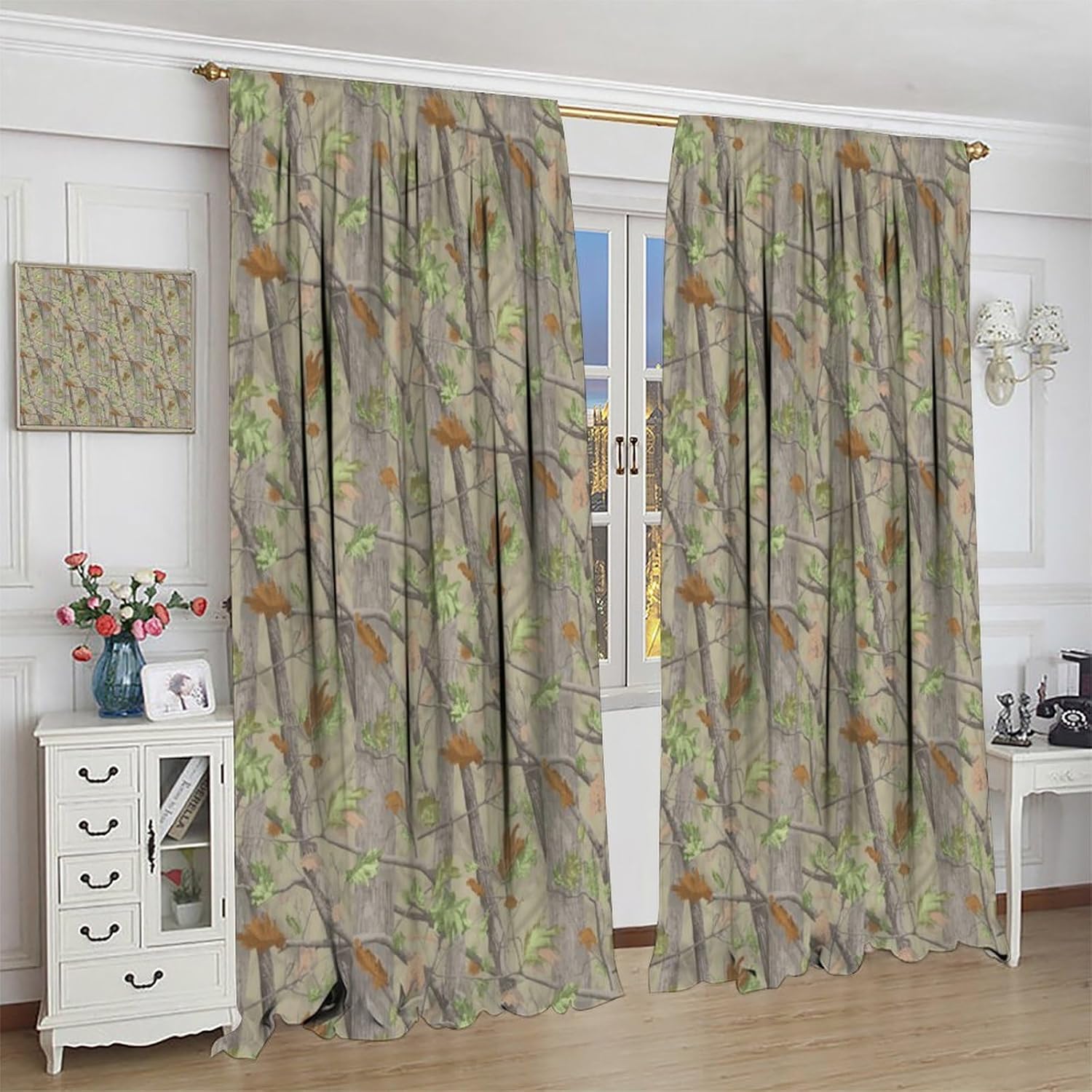 Camouflage Forest Curtain, Forest Green Camouflage Design Pattern Printed Rod Pocket Blackout Window Treatments,for Bedroom Living Room 55" W X 63" L