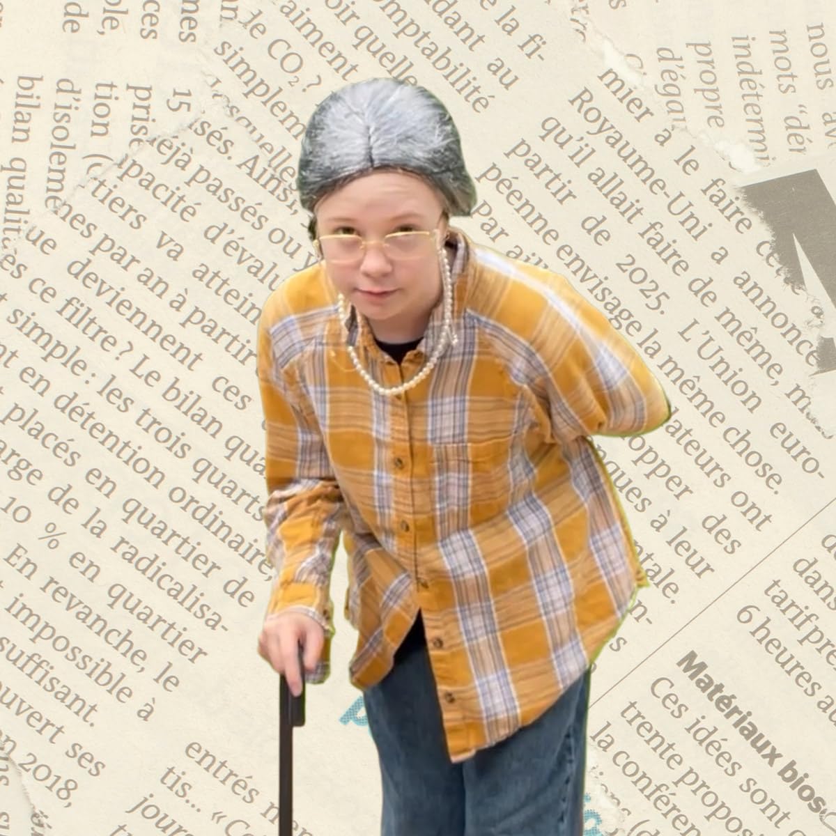 Old Lady Costume for Kids Women Grandma Wig Kids Old Lady Wig and Glasses, Granny Wig Old People Walking Cane, Faux Pearl Bead Necklace Grandma Costume for 100 Days of School Costume Parties - Image 5