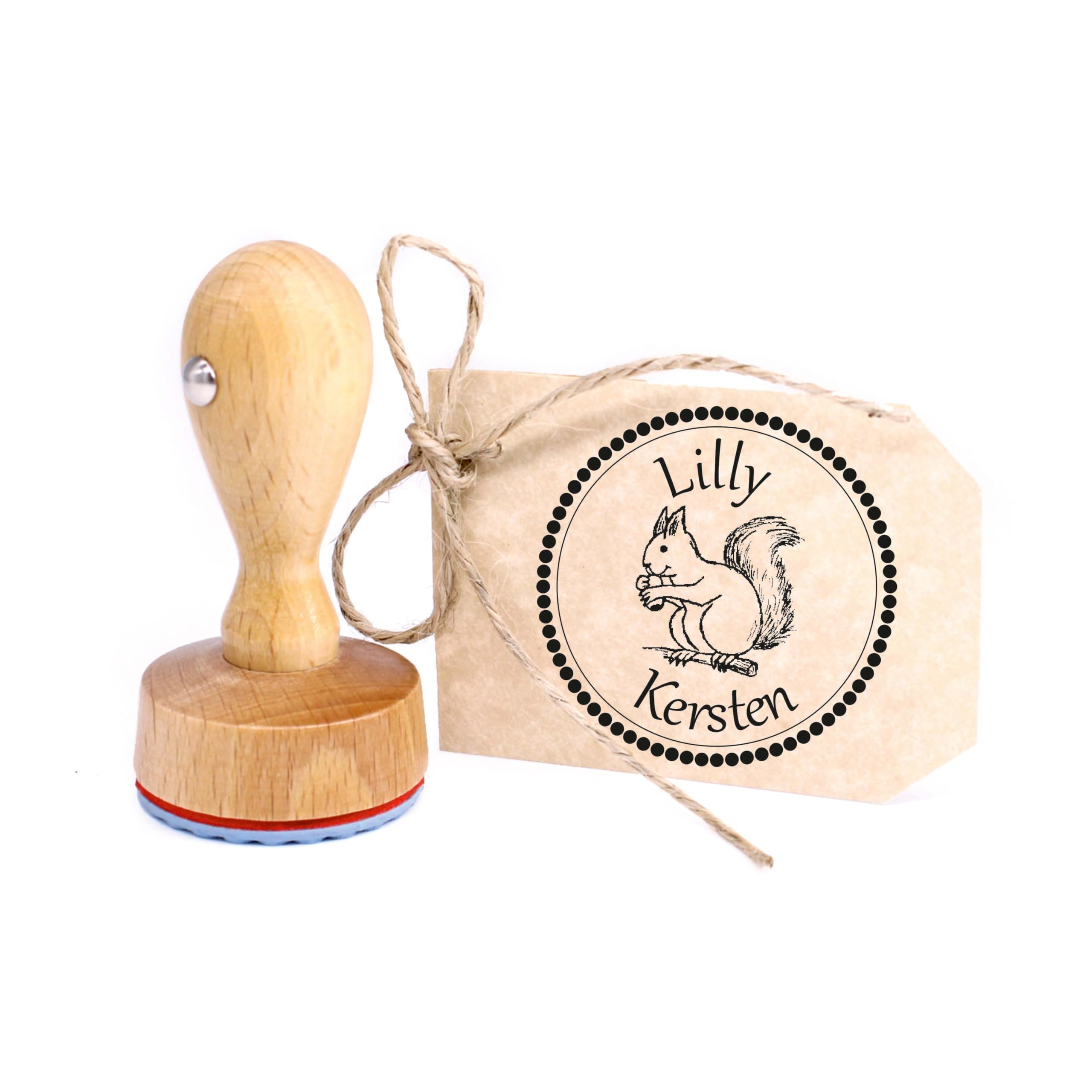 Dekolando Squirrel Stamp Personalised Children - with Personal Name - Children's Stamp Name Stamp Motif Stamp Wooden Stamp Diameter 24 mm - Ink Pad Optional (Squirrel)