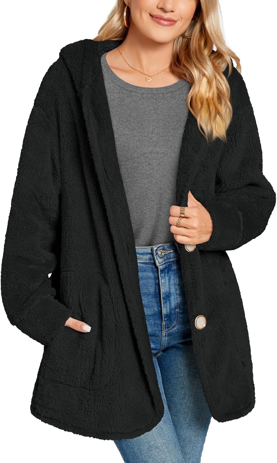 Bestbee Womens Fleece Jackets Fuzzy Hooded Casual Coats Cardigan Sweaters Outerwear with Pockets - Image 4