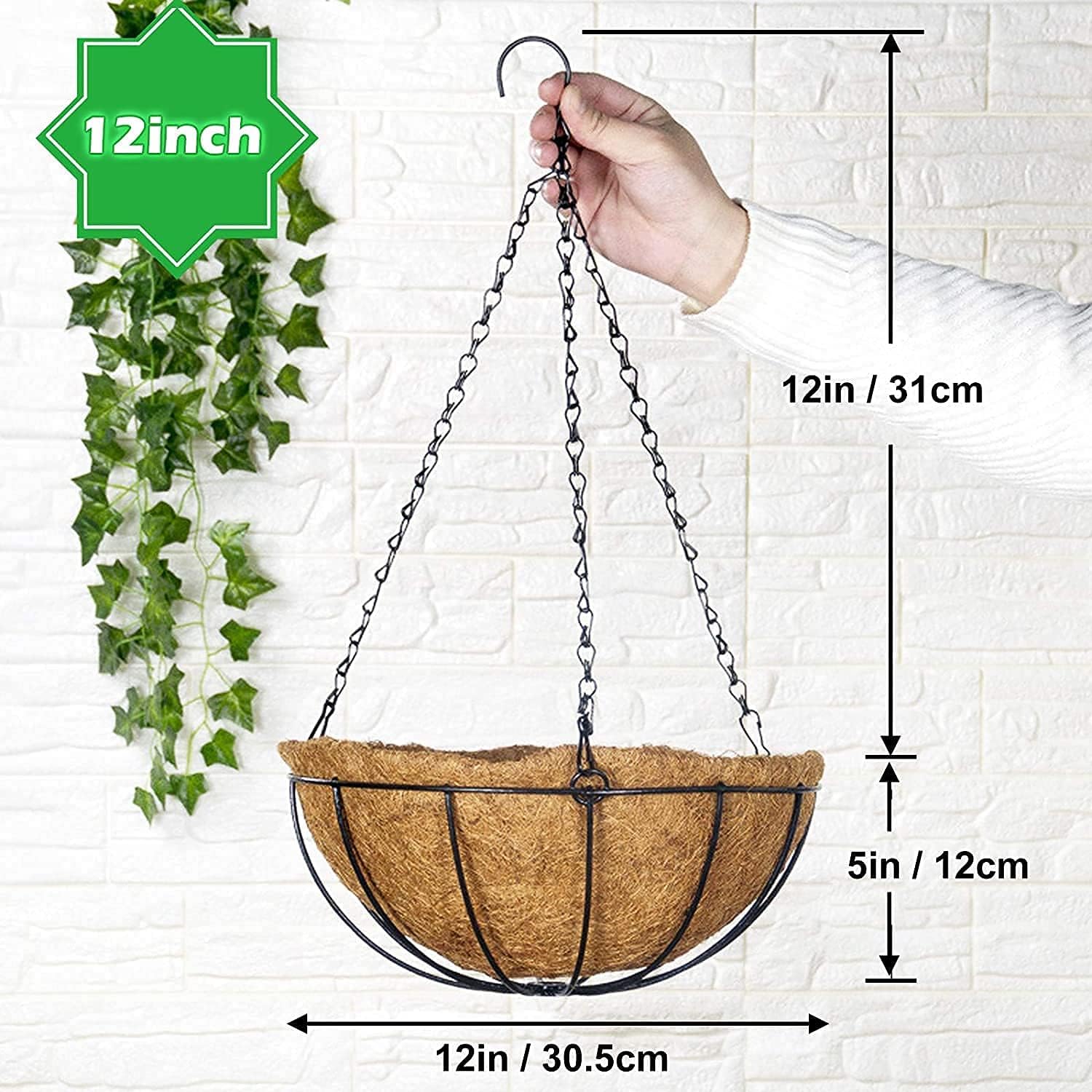 GWY Hanging Planter Baskets, 2 Packs 12 Inch Metal Wire Plant Holder with Coconut Coir Liner and Black Chain for Porch Pot Hanger Garden Decoration Indoor Outdoor Plant Flower Pot, Up to Load 20 Lbs