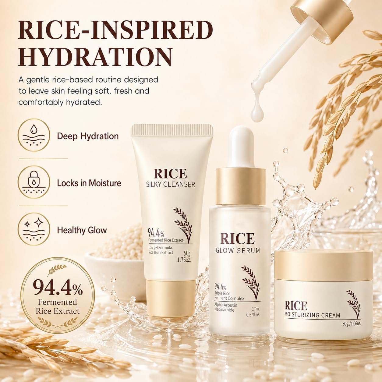 10PCS Rice Skincare Sets, Korean Skin Care Kit, Face Care Set for Women - Rice Face Wash, Serum, Cream, Mask & Eye Mask for Women Teens, Travel Gift with Bag