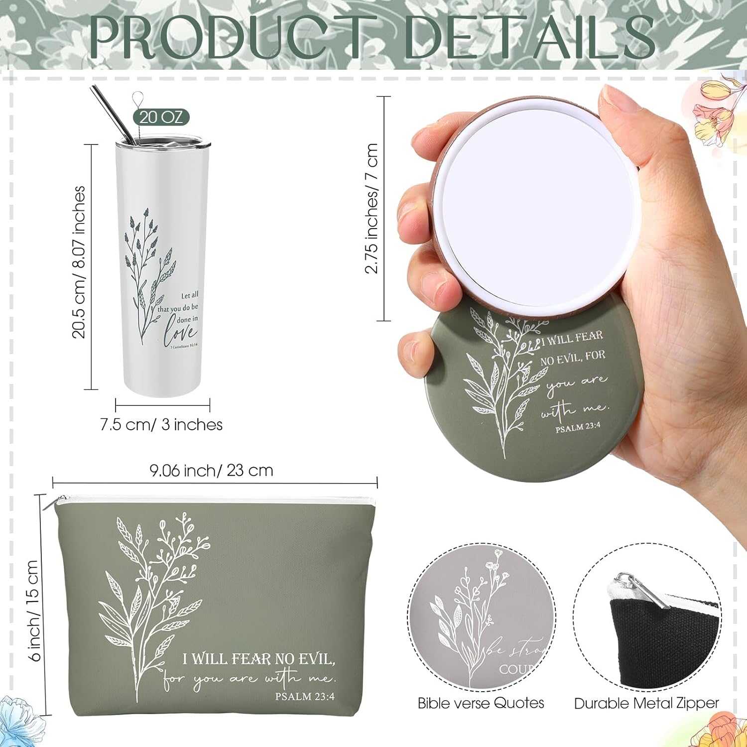 Fumete 6 Sets Easter Christian Gifts Set for Women 20 oz Bible Verse Cups with Lid and Straw Church Tumbler with Religious Cosmetic Bags Mirrors for Womens History Month Mother Nurse Teacher, Skinny