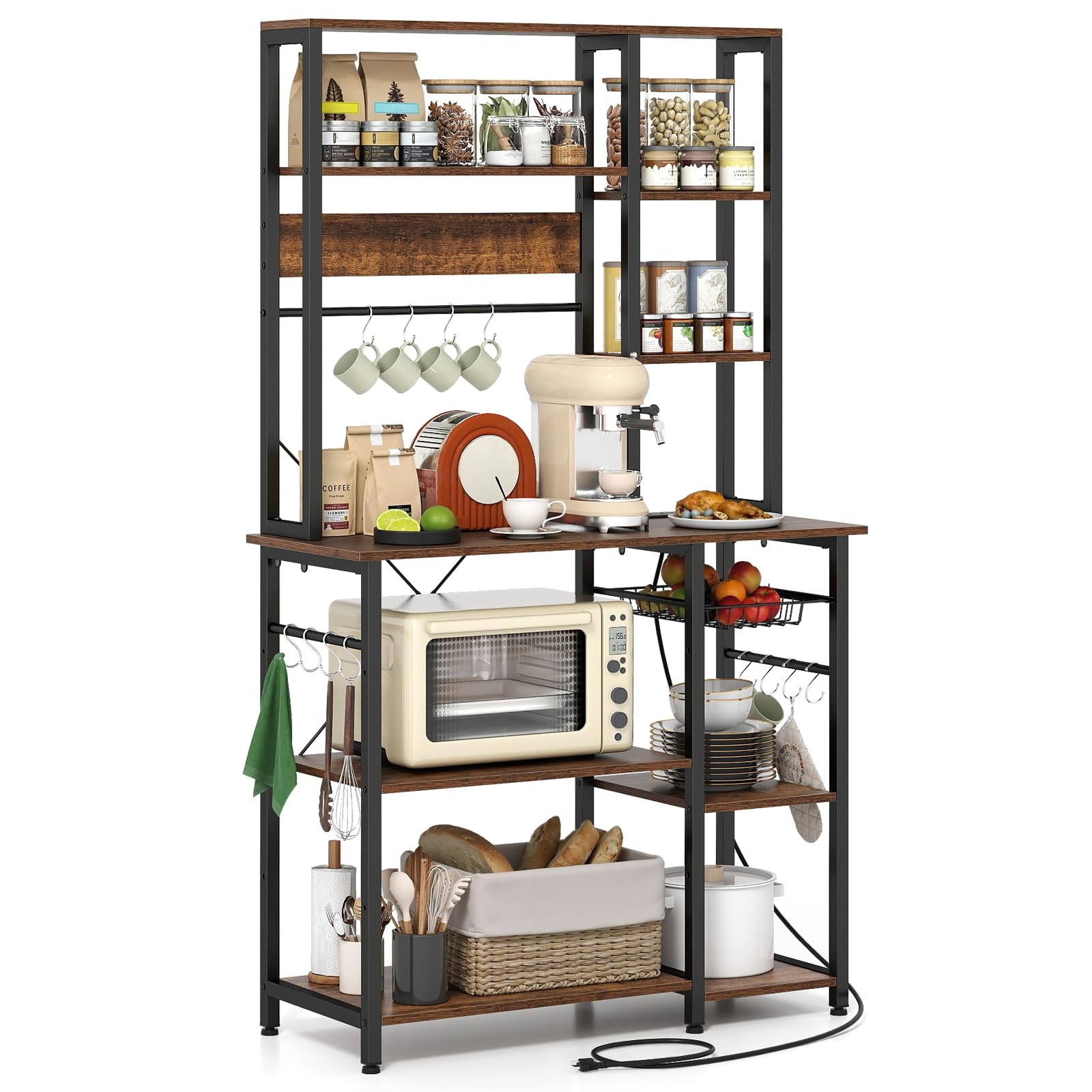 COSTWAY Estantería de Cocina, Armario de Cocina, Mueble para Microondas de 6 Niveles con Estantes Abiertos de Madera, Ganchos y Cesta, Marco Metálico, Organizador Almacenaje Cocina para Aparatos
