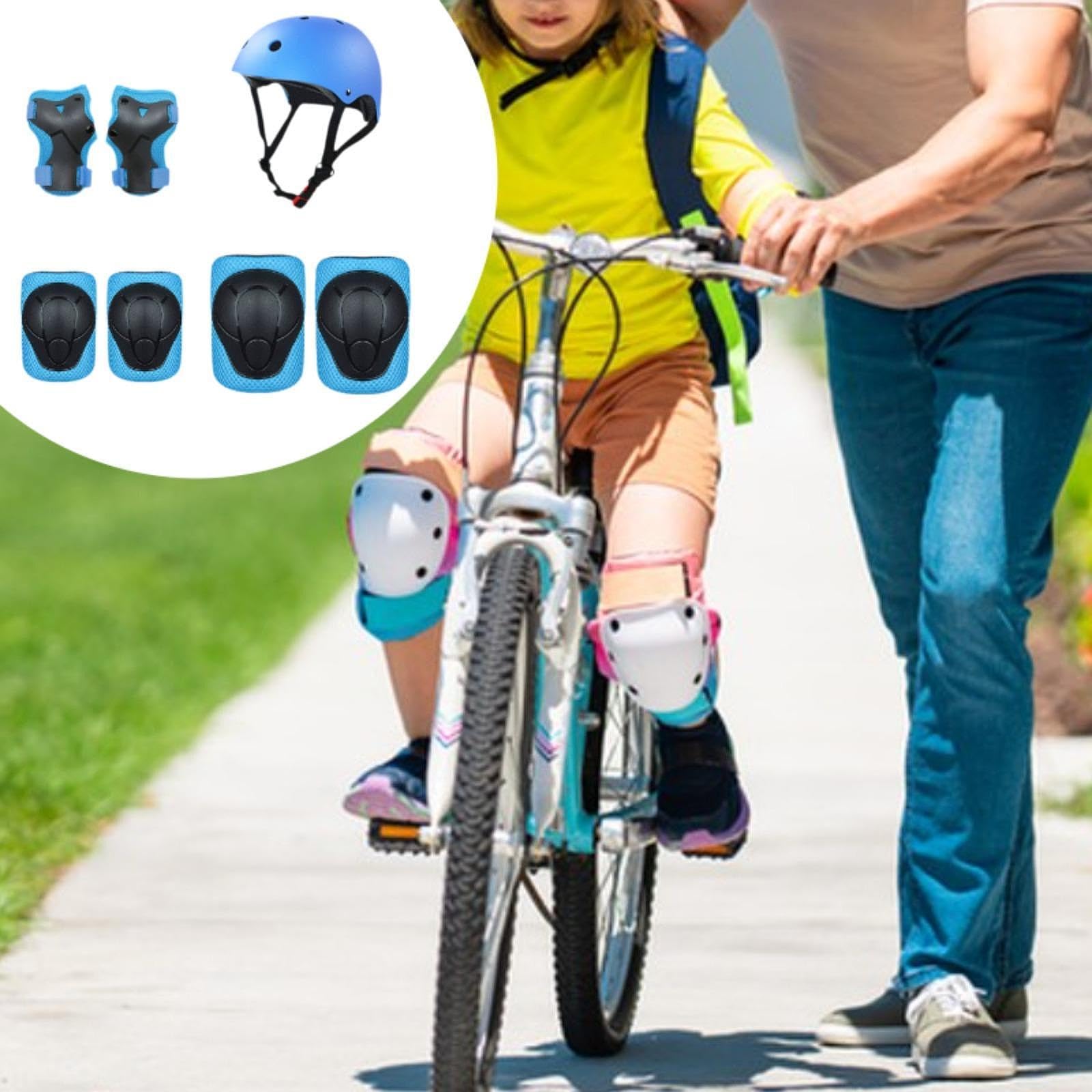 Conjunto de 7 Piezas de Casco de Bicicleta para Niños con Protección, Amortiguación de Impactos, Coderas Y Rodilleras para Ciclismo Y Deportes, Azul