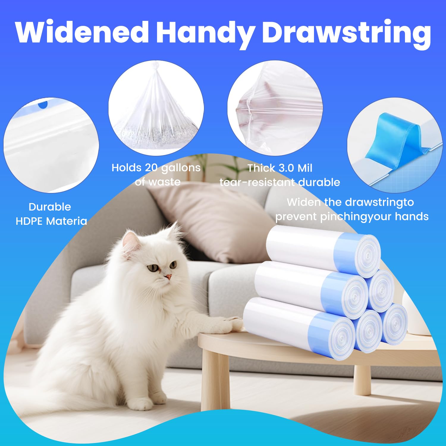 60 Pack Jumbo Cat Litter Bags - 3MIL Extra Thick Leakproof Litter Box Liners, 37"x18" Heavy Duty Drawstring Cat Litter Liners for Automatic Litter Box, Odor Control Disposable Kitty Litter Bags 6 Roll - image 5