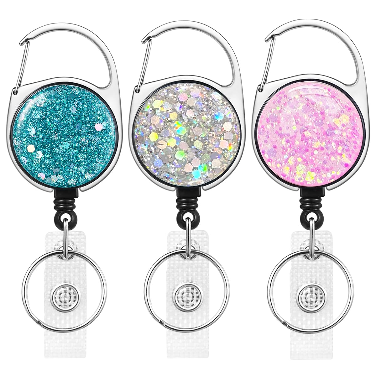3 Pack Retractable Carabiner Badge Holder, FadyRaye Badge Reel with Belt Clip for Nurse Teacher Name Card Keychain [Bling Cute Design 27" Nylon Wire