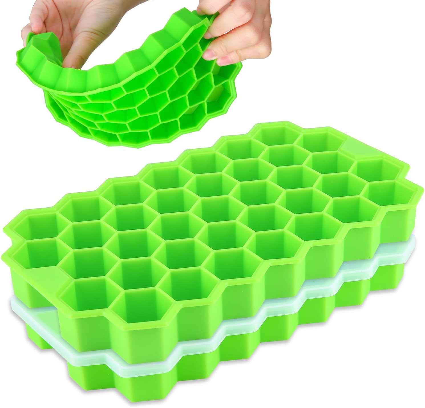Ice Cube Trays with Lids,Bomstar 2 Pack Food Grade Silica Gel Flexible 74 Ice Trays with Removable Lid,BPA Free Ice Cube Trays for Whiskey Storage,Cocktail,Beverages