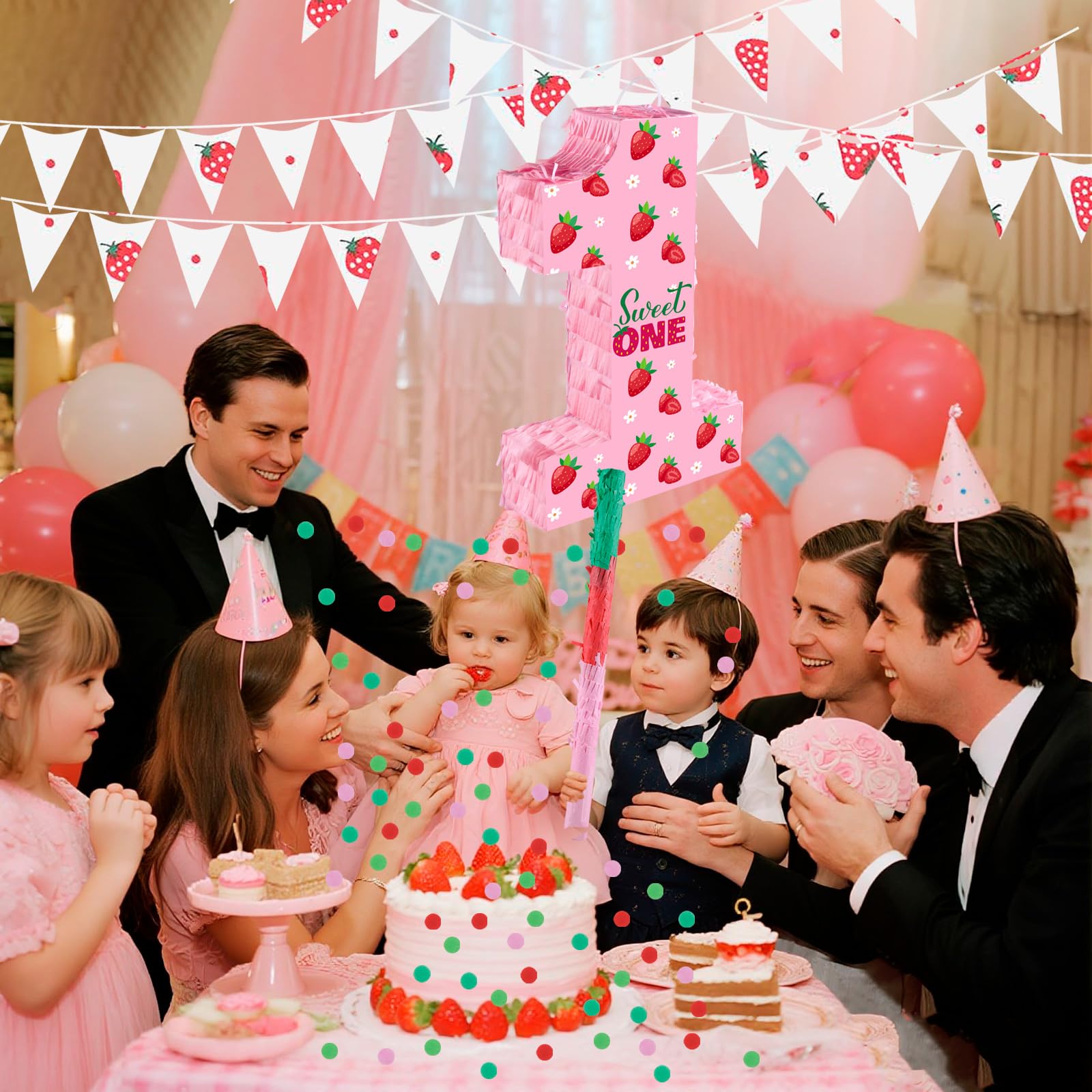 Decoraciones de cumpleaños de fresa, piñata número 1 dulce con palo y confeti, piñata de fresa, decoración y suministros para fiesta de primer cumpleaños (fresa 1st)