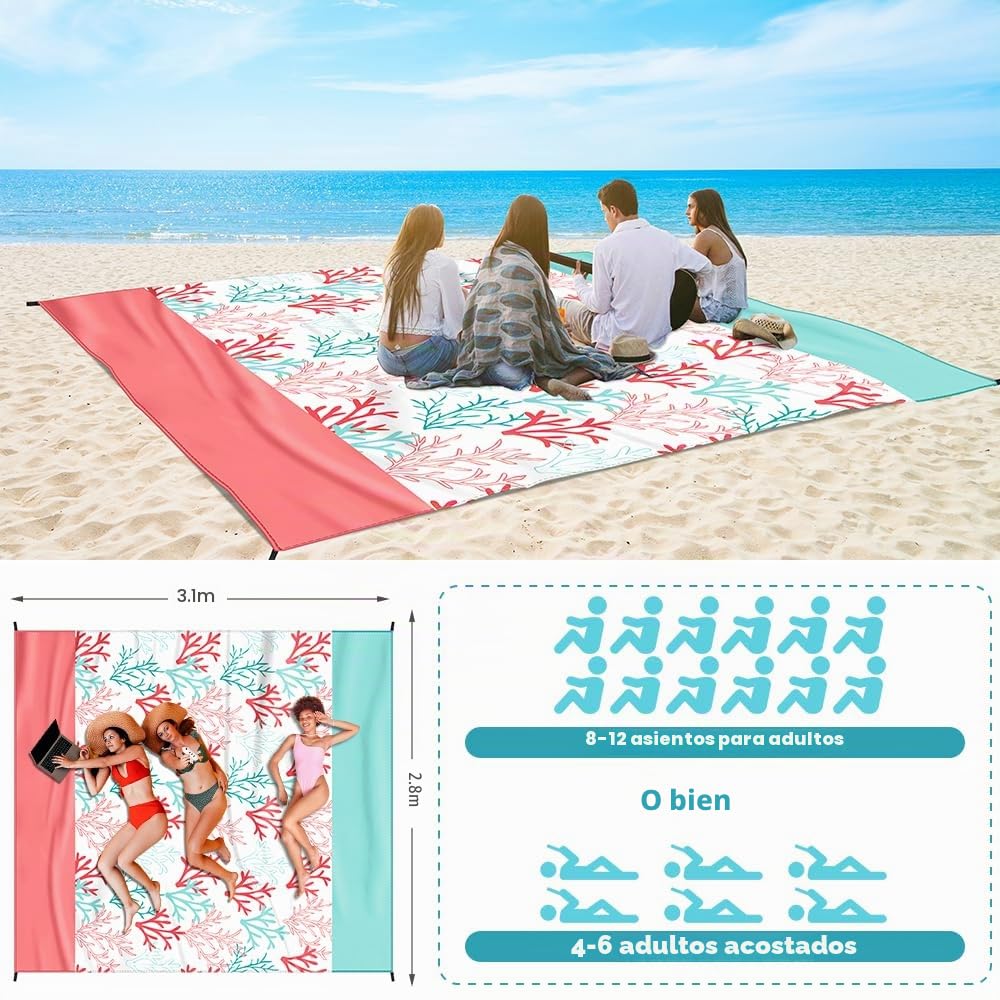 Rescien Manta de Playa Impermeable Muy Grande 310 x 280cm, Manta de Picnic antiarena para 6-8 Adultos, 100% Nailon, Alfombra de Playa Ligera y compacta Viajes, Vacaciones en la Playa