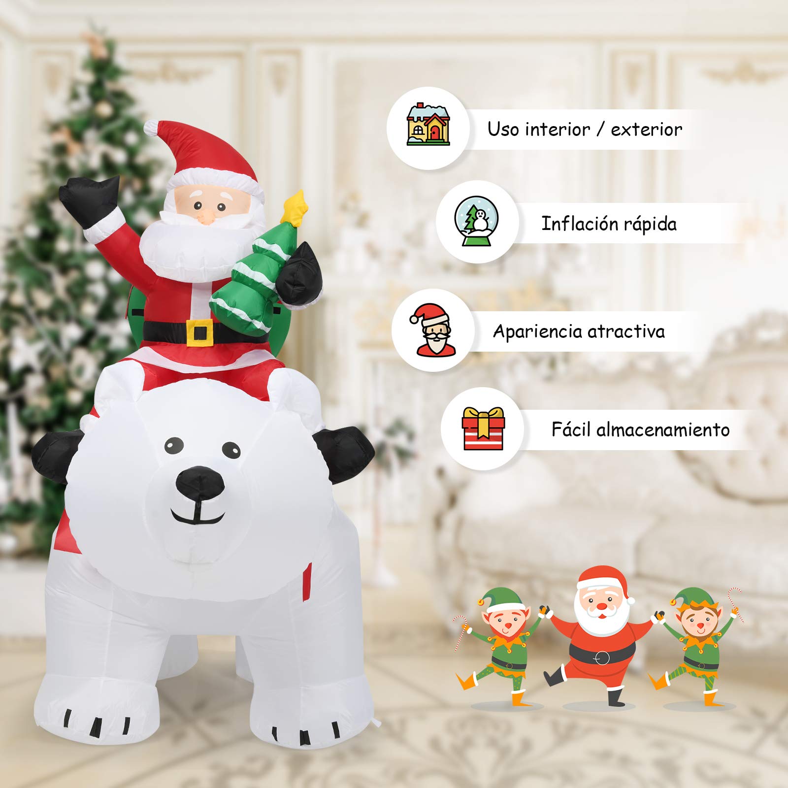 COSTWAY Papá Noel Grande sobre Oso Polar Inflable con Cabeza Sacudida, 200 cm con Luces LED Incorporadas y Bomba, Impermeable, Decoraciones Inflables Navideños, Adornos de Navidad Exterior, Hogar