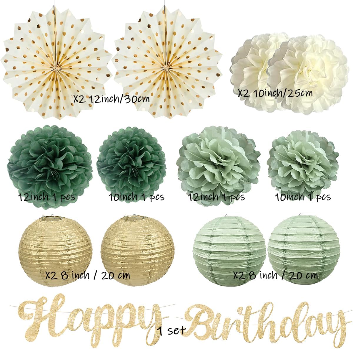 Sage Green Champagne Gold Birthday Decorations with Happy Birthday Glitter Banner for Adults Kids Women Men (Sage Green + Gold)