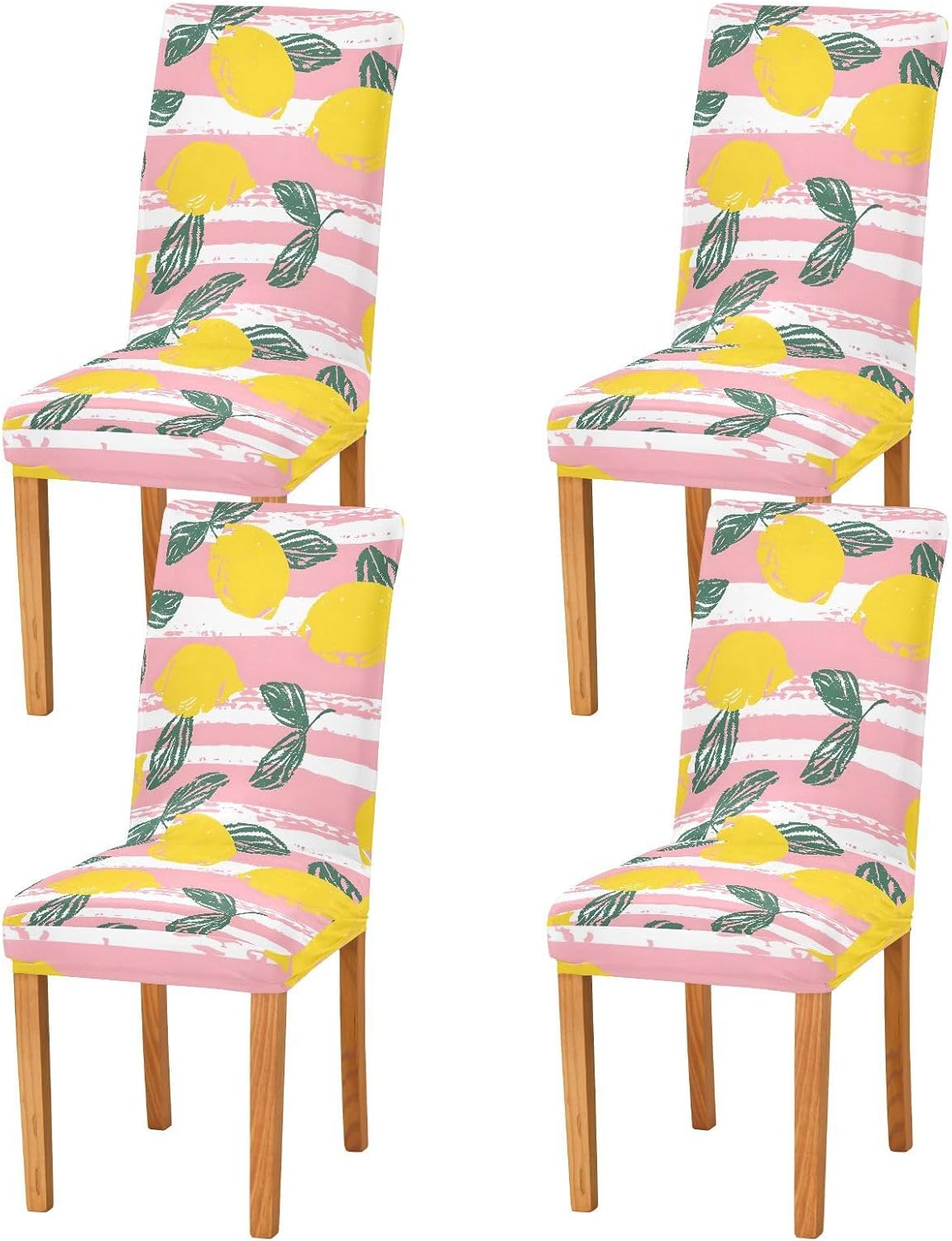 ALAZA Chair Covers for Dining Room, Lemon Leaves Citrus on Pink Striped Background Hand-Painted Scratch Style Stretch Chair Cover Sets Chair Protector Removable Washable for Ktichen Restaurant Hotel