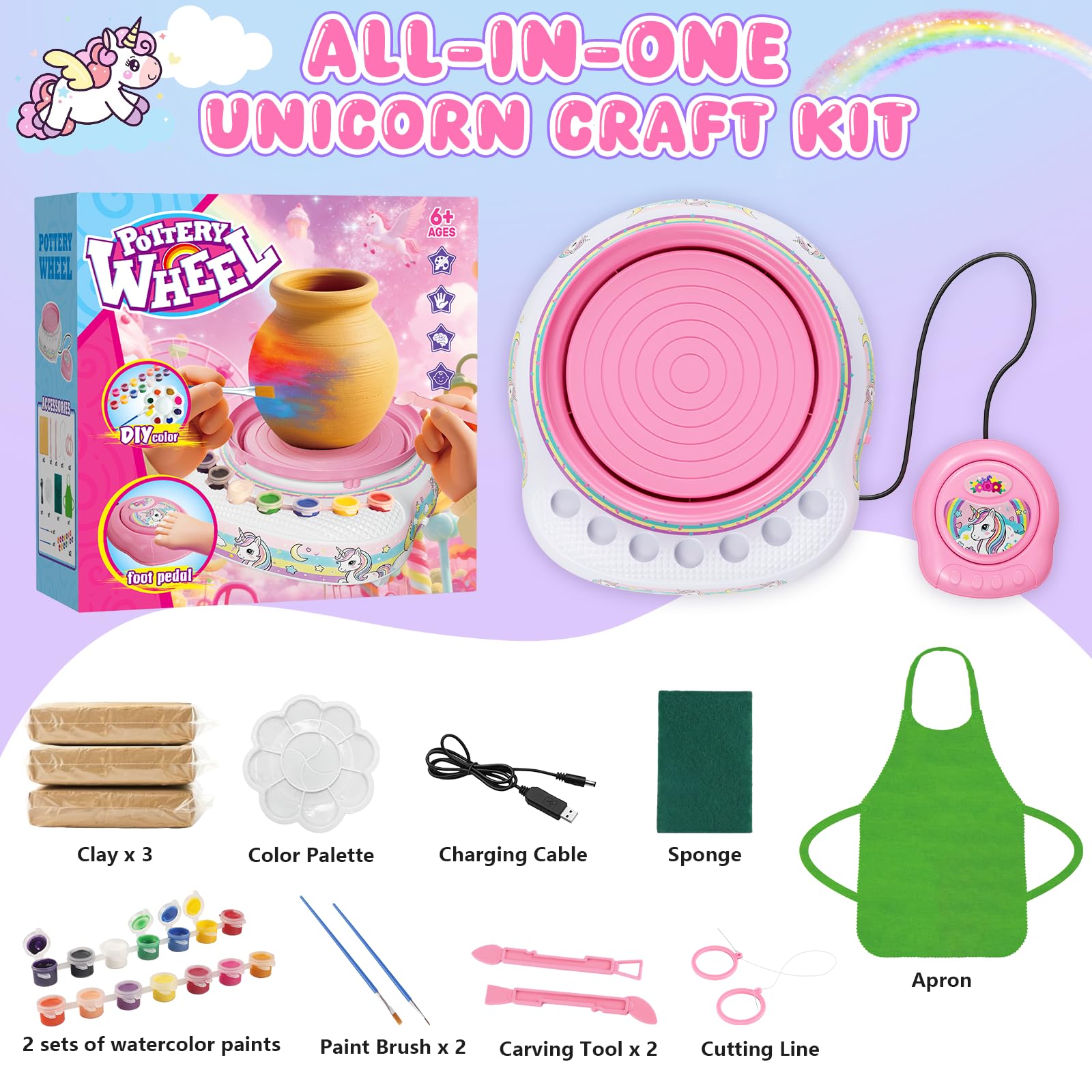 Tour de Potier Enfants 6-12 Ans Kit Complet DIY Débutants avec 3 Pâtes Auto-Durcissantes, Outils, Cadeau Anniversaire Garçons Filles Blanc
