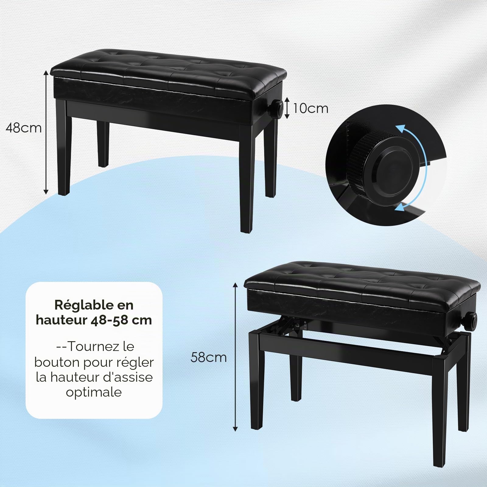 MAMIZO Tabouret Piano Réglable en Hauteur 48-58 CM, Siege Piano 2 Personne avec Rangement,Banc Piano avec Coussin en Cuir PU,Tabouret de Piano Max 200KG,4 PCS Pied de Tabouret en Bois Massif, Noir