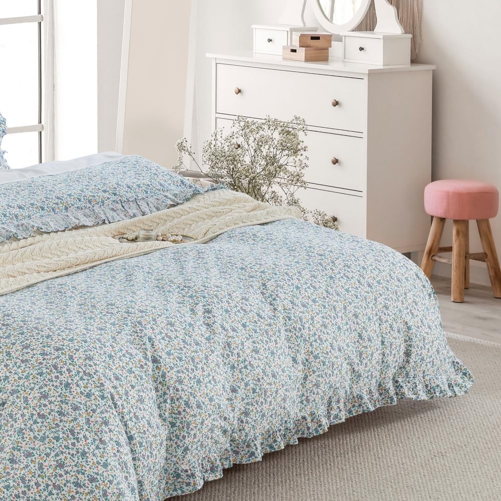 DAUAOTO Twin Size Ruffle Duvet Cover Set, 100% Cotton, Kids Teen Girls Duvet Cover 68"X86" + 1 Sham, Ditsy Floral Pattern Blue
