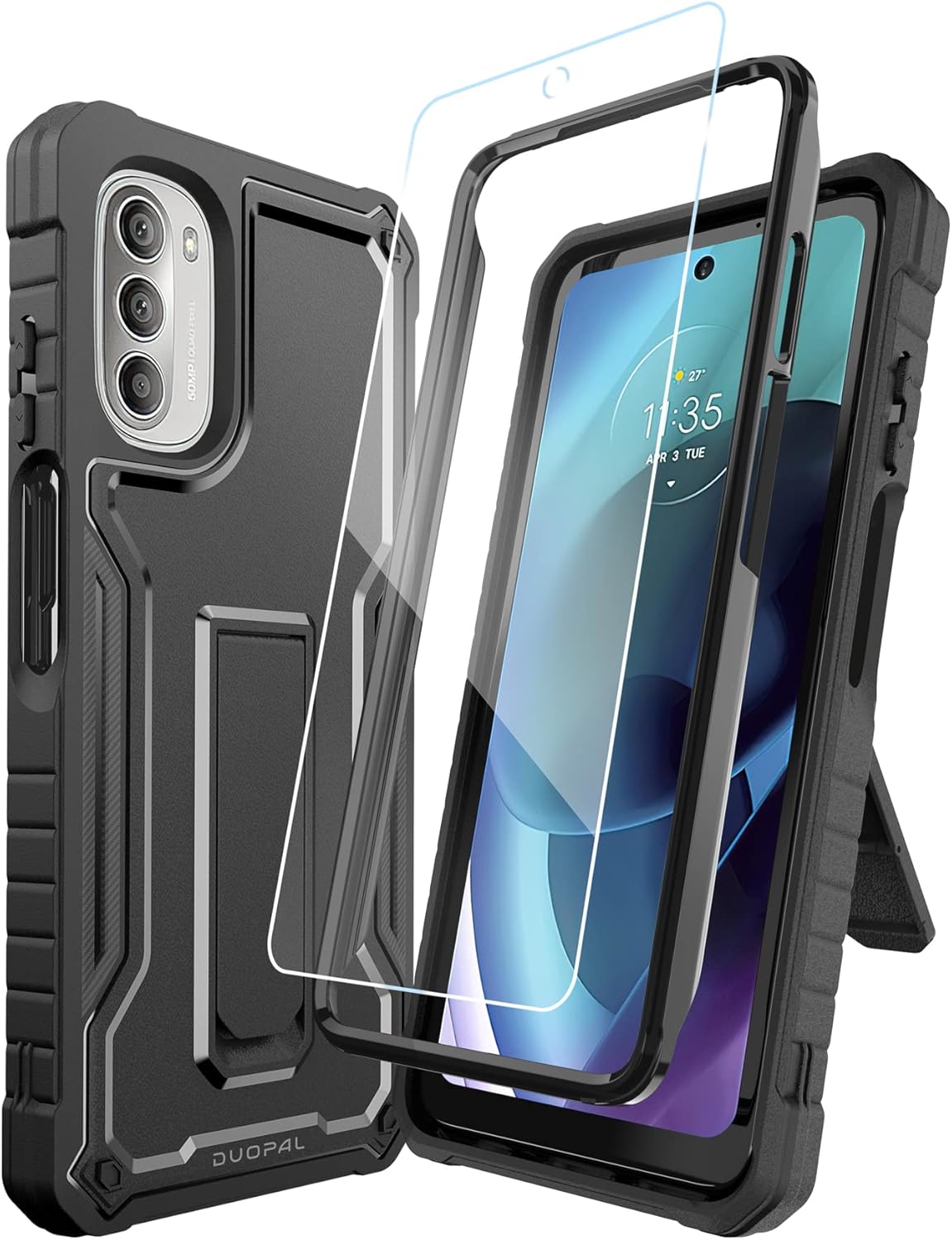 DUOPAL for Motorola Moto G 2022 Case (NOT Stylus), Military Grade Protection Shockproof Case with Tempered Glass HD Screen Protector and Kickstand Compatible with Moto G 2022 Phone 6.5 Inch (Black)