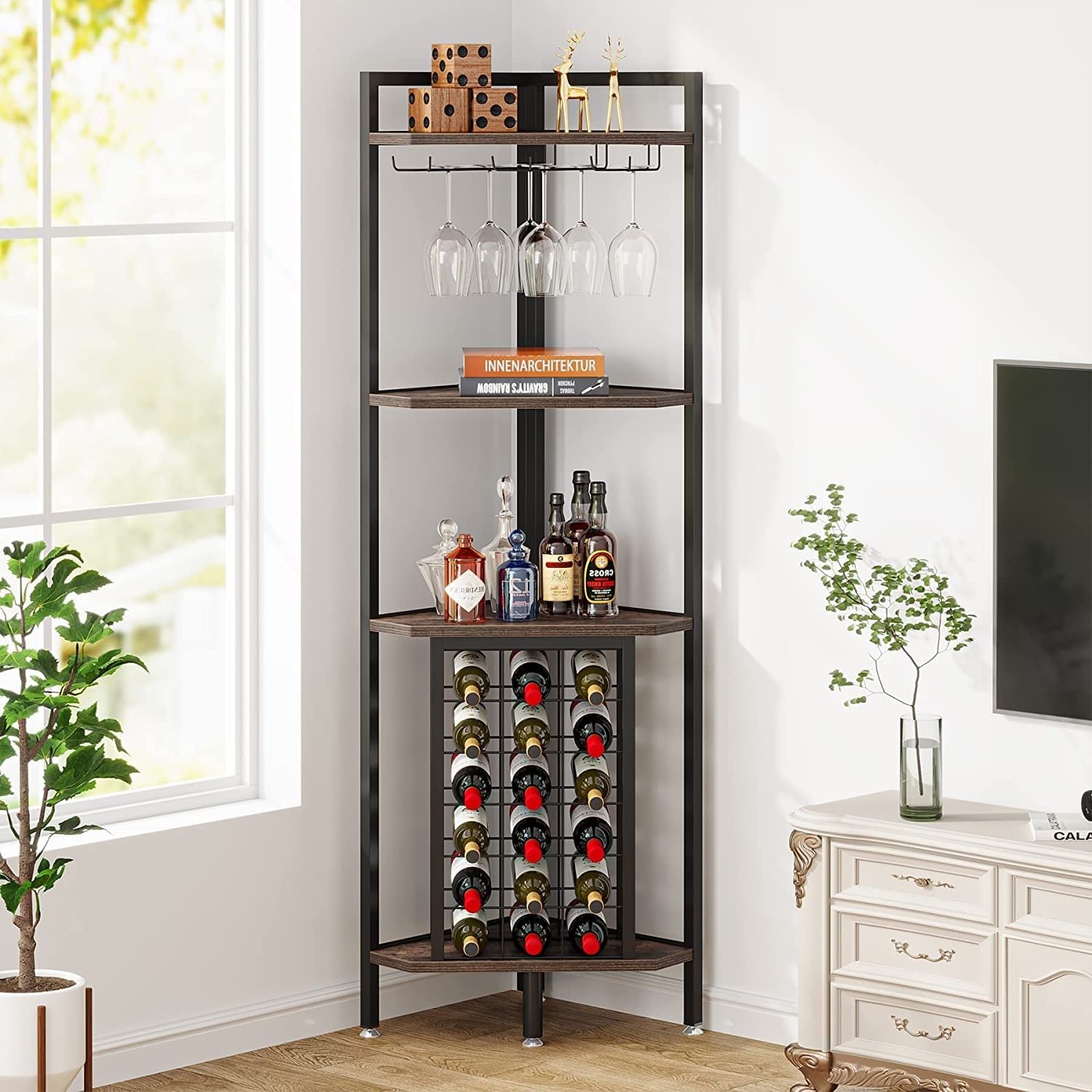 4 Tier Corner Wine Rack with Glass Holder and Bar Shelf Storage Brown Industrial Vintage MDF Steel Wood Finish Includes Hardware