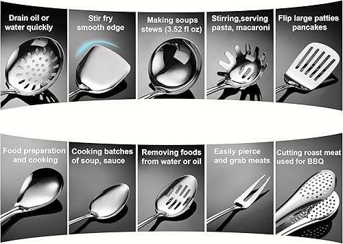 Miniatura 4 de Utensilios de cocina de acero inoxidable 304, 11 piezas para cocinar, cuchara sólida, cuchara ranurada, tenedor, espátula, cucharón, espumador,