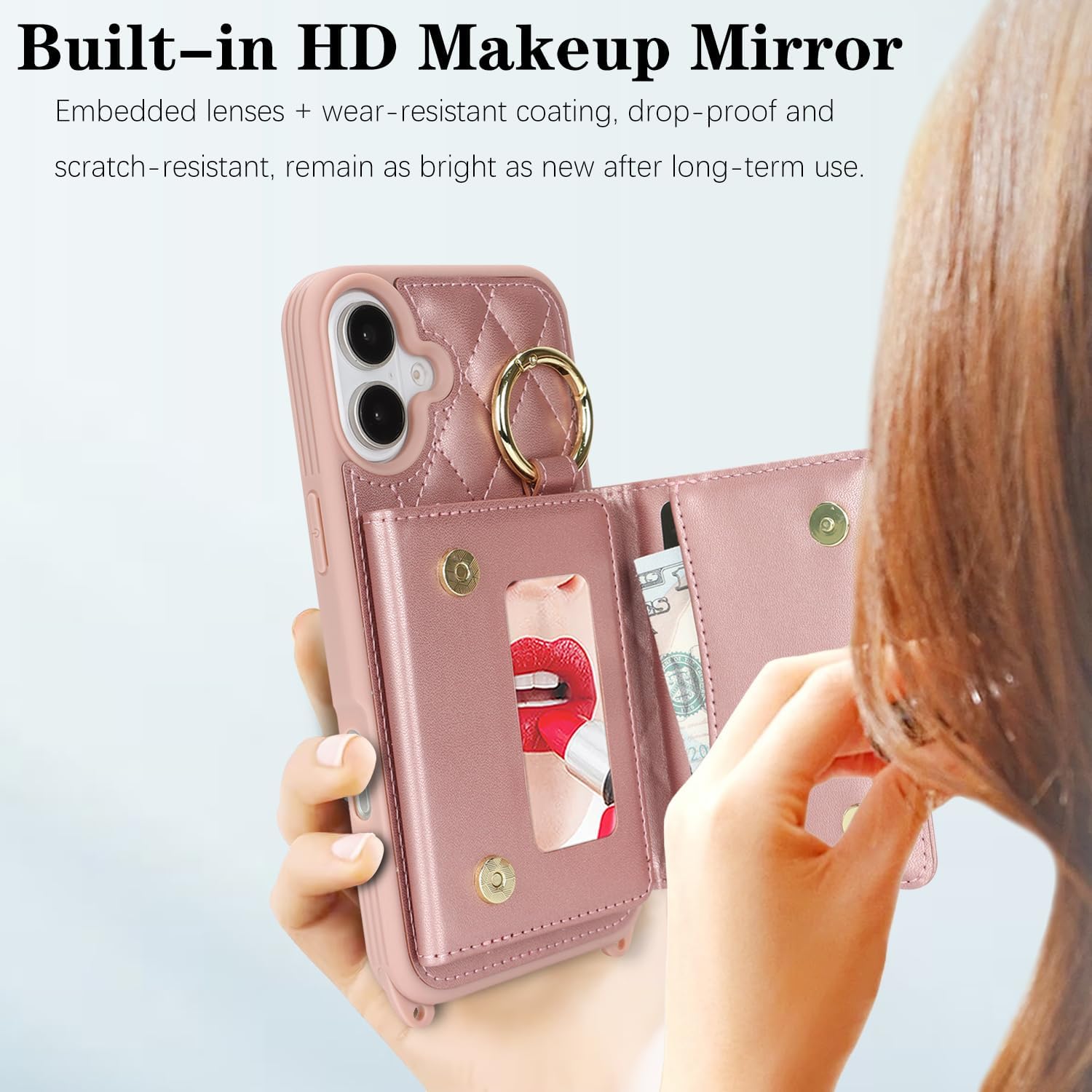 for iPhone 16 Plus Case with Card Holder and Strap for Women,Crossbody Lanyard, Make Up Mirror,Ring Stand,Snap Clasp,Cute Phone Wallet Cases 6.7 inch - Dark Rose Gold