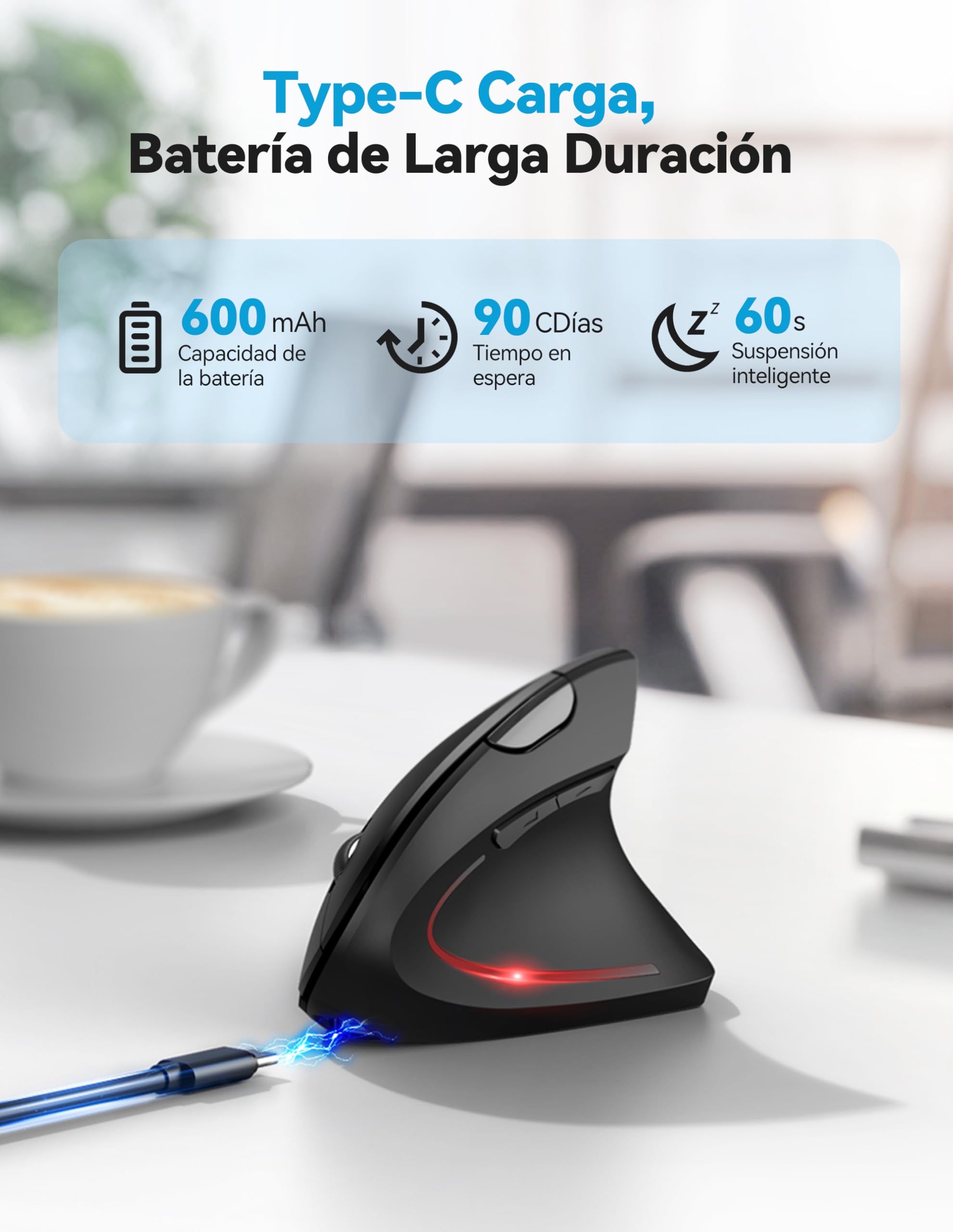 TECKNET Ratón Bluetooth Ergonómico, Raton Vertical Inalámbrico Recargable (BT 5.0/3.0 + 2.4G), 6 Niveles de Ajuste hasta 4800 dpi, Ratón Inalámbrico óptico Silencioso para Windows, Mac, Portátil