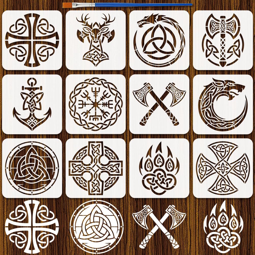 FINGERINSPIRE 12PCS Viking Stencil for Painting 20x20CM Viking Theme Drawing Stencil Shield Keltic Knot Weapons Drawing Template with a Brush for Painting on Wood Fabric Wall Art Craft