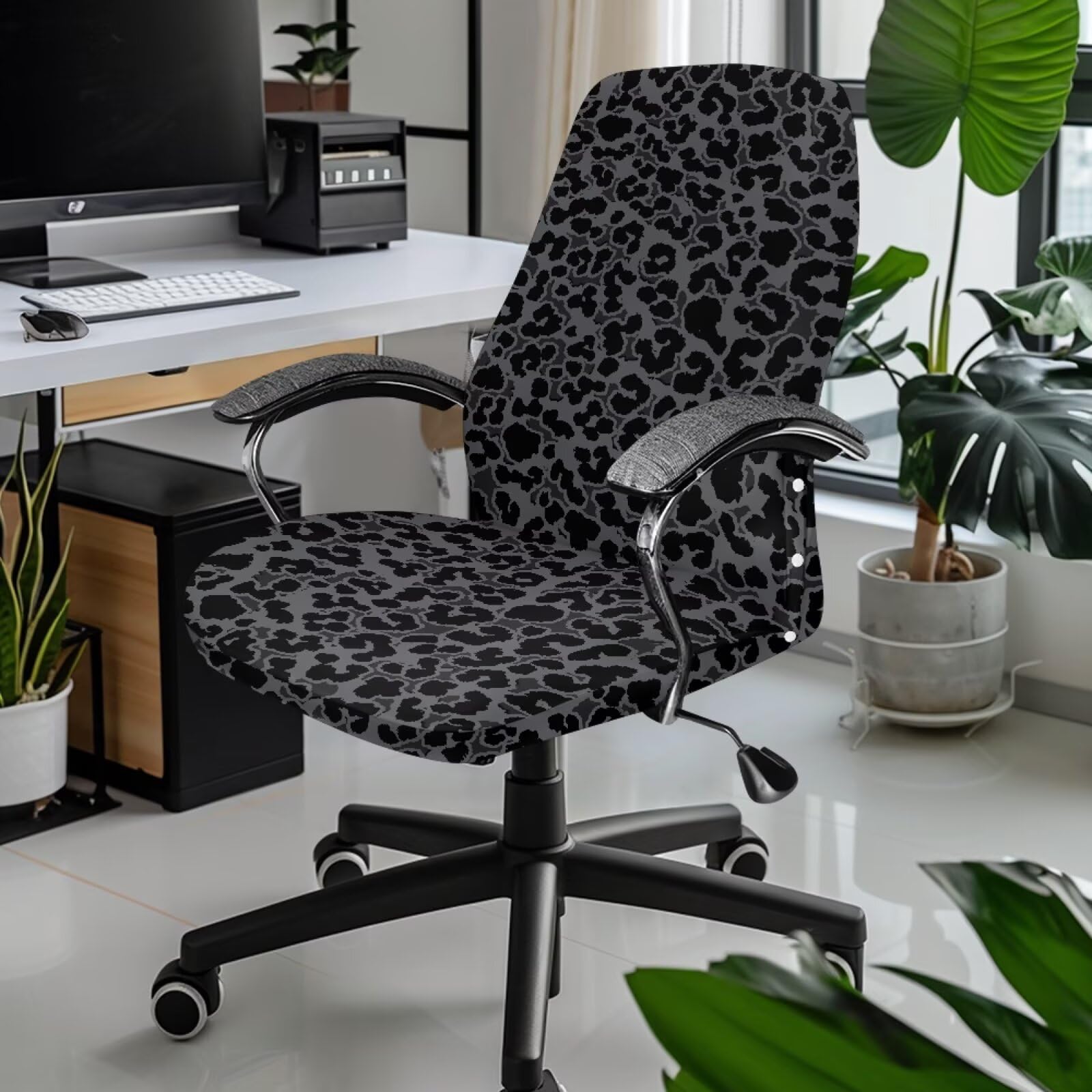 Cadowhimsy Black Leopard Print Office Chair Cover Rotating Swivel Chair Slipcover for Armchair Washable Gaming Chair Covers Boss Chair Protective Cover for Home Decor, Large