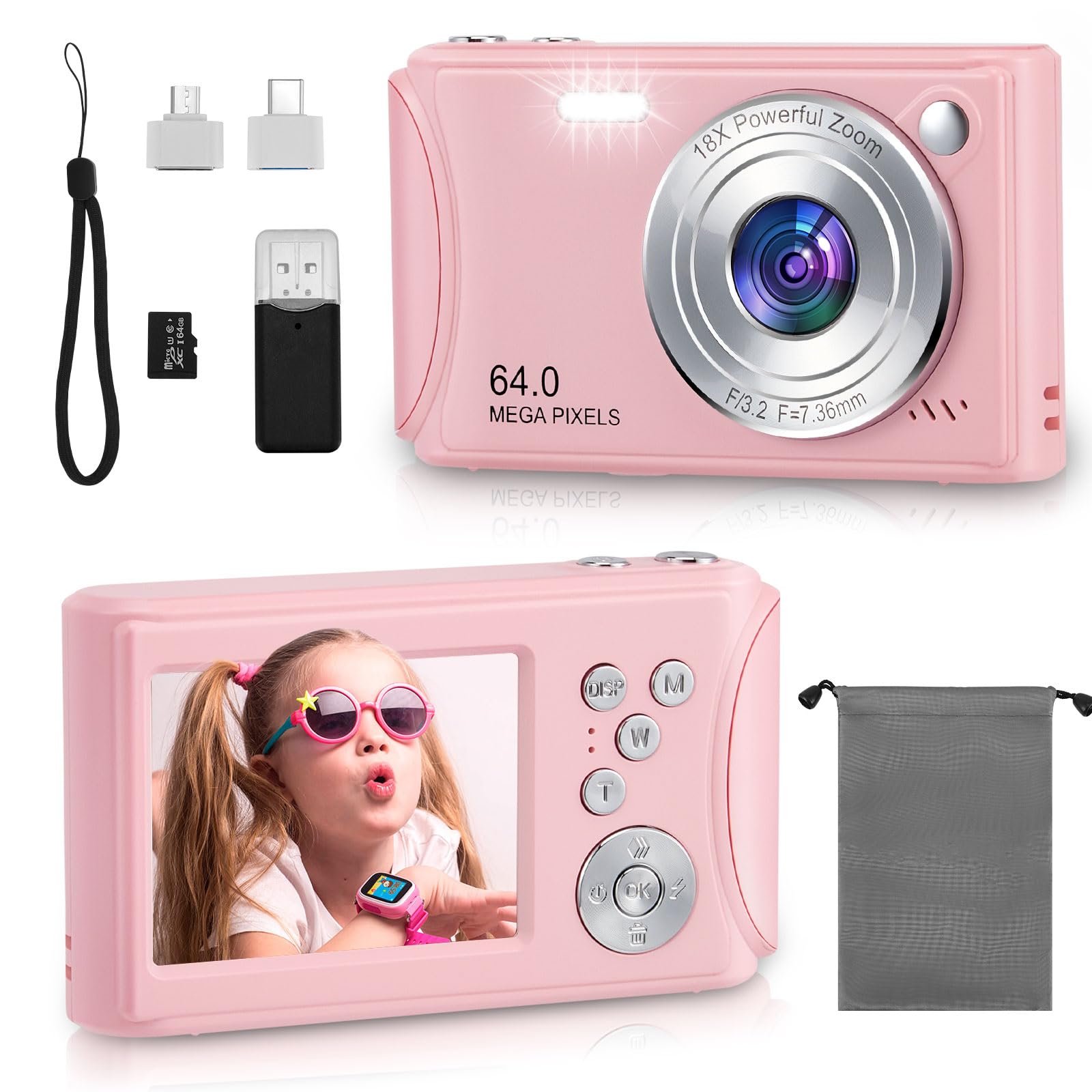 Digital Camera 4K, FHD 64MP Digital Compact Cameras with 64GB SD Card, Autofocus Camera with 18X Zoom, Anti Shake, Rechargeable Mini Vlogging Camera for Kids Beginners Students Boys Girls