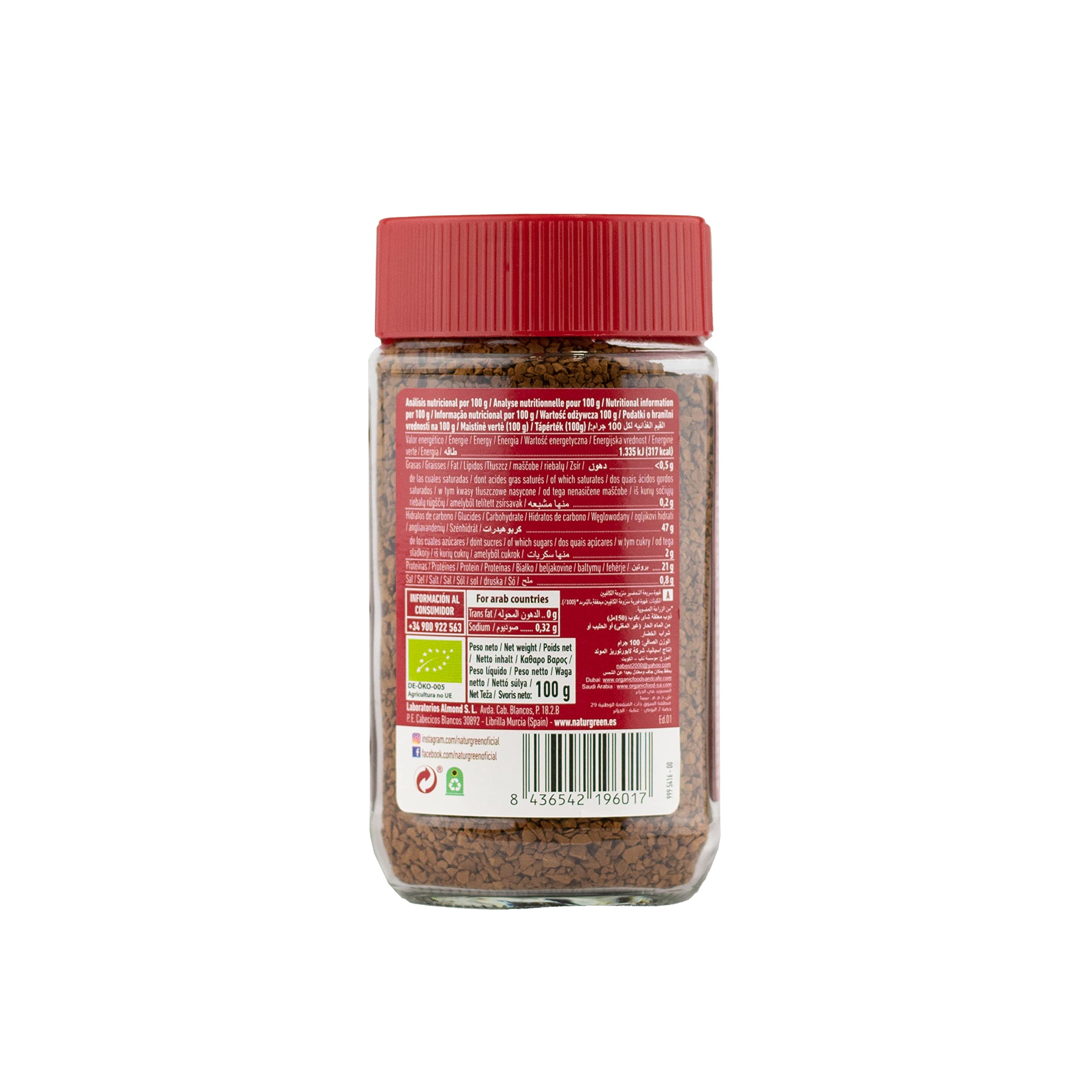 NaturGreen - Biocoffee Descafeinado Bio, Pack 6 x 100 g, Café Soluble Ecológico Instantáneo, Sin Cafeína, Vegano y Sostenible, Agricultura Ecológica