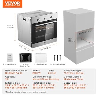 VEVOR Single Wall Oven, 2.68 Cu.Ft Electric Wall Ovens with Timer, 24 Built-in Electric Wall Oven with 6 Cooking Functions, Mechanical Knob Control Convection Wall Oven with Baking Rack and Tray