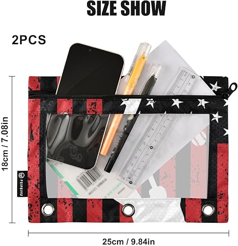 Miniatura 3 de Carpeta de béisbol con la bandera estadounidense, bolsa para lápices de 3 anillos, bolsa transparente con cremallera para ventana, suministros de