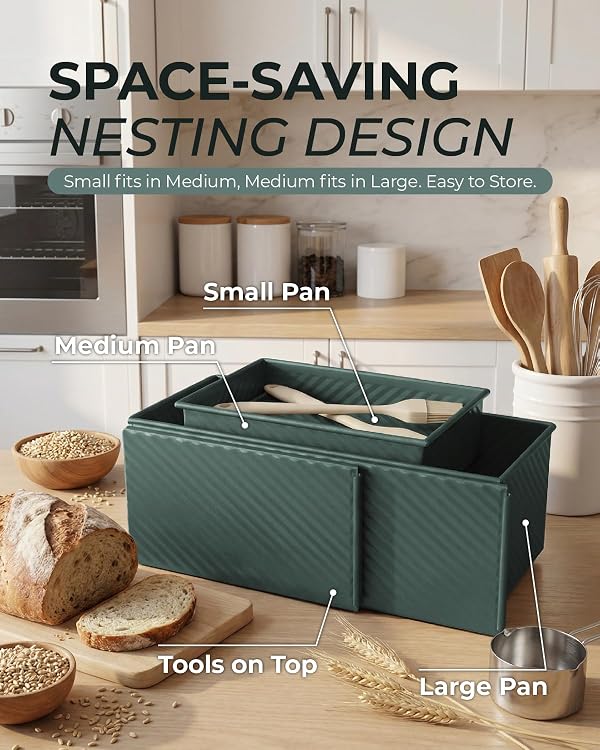 CARTMAN 3-Piece Pullman Loaf Pan with Lid Set – Non-Stick Carbon Steel Bread Pan with Bottom Vents – Includes Large (12.4"), Medium (8.2") & Mini (6.3") Sizes plus Silicone Tools – Sage Green by CARTMAN - Image 5