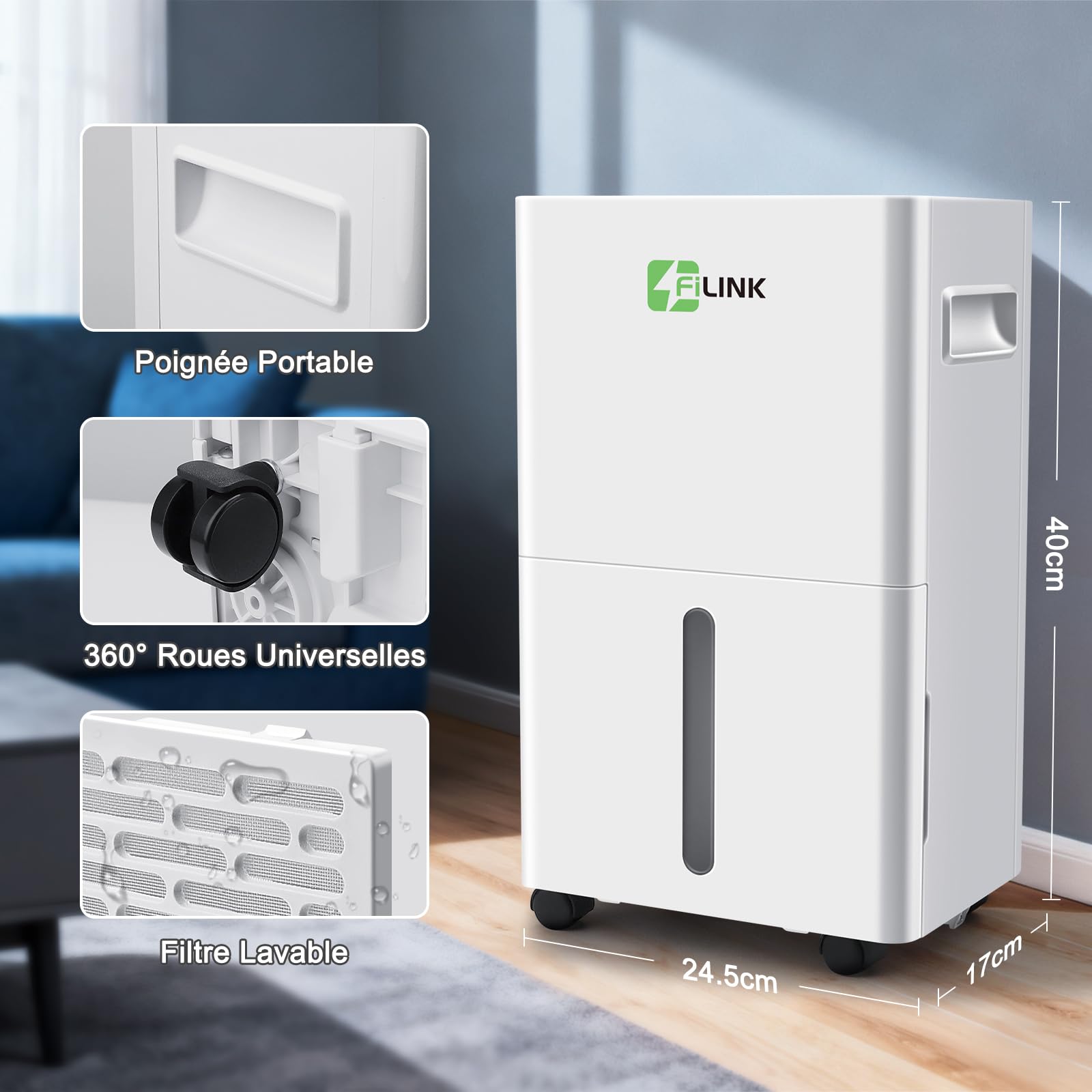 Deshumidificateur d Air 9L/Jour, Déshumidificateur Electrique, Minuterie 24H, Verrouillage pour Enfants, Protection Anti Débordement, 60m³(25m²), pour Maison, Appartement, Salle de Bain, Chambre, Cave