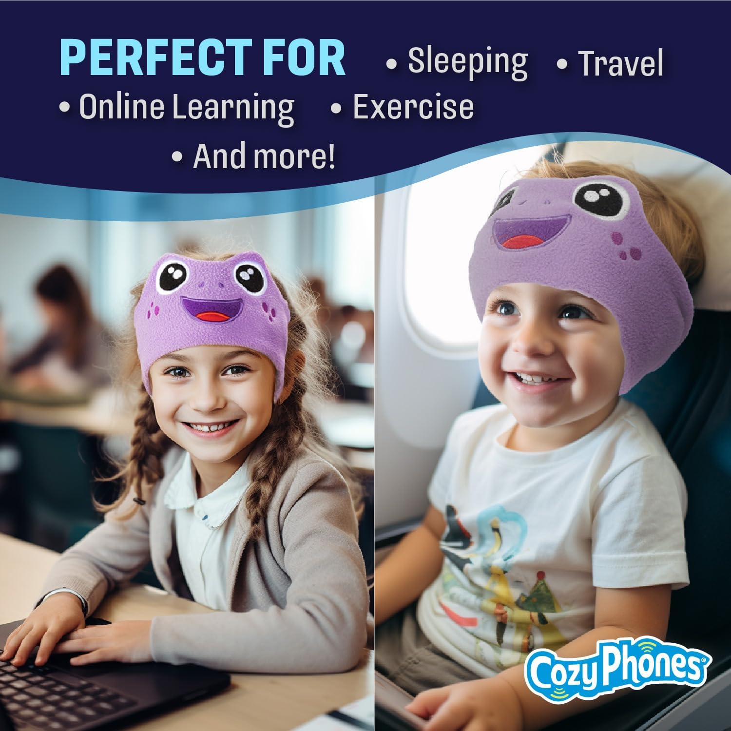 CozyPhones Kids Headphones, Headband Earphones for Children Baby & Toddlers 1-3, Stretchy & Comfy Travel Accessories - Purple Frog - Image 5