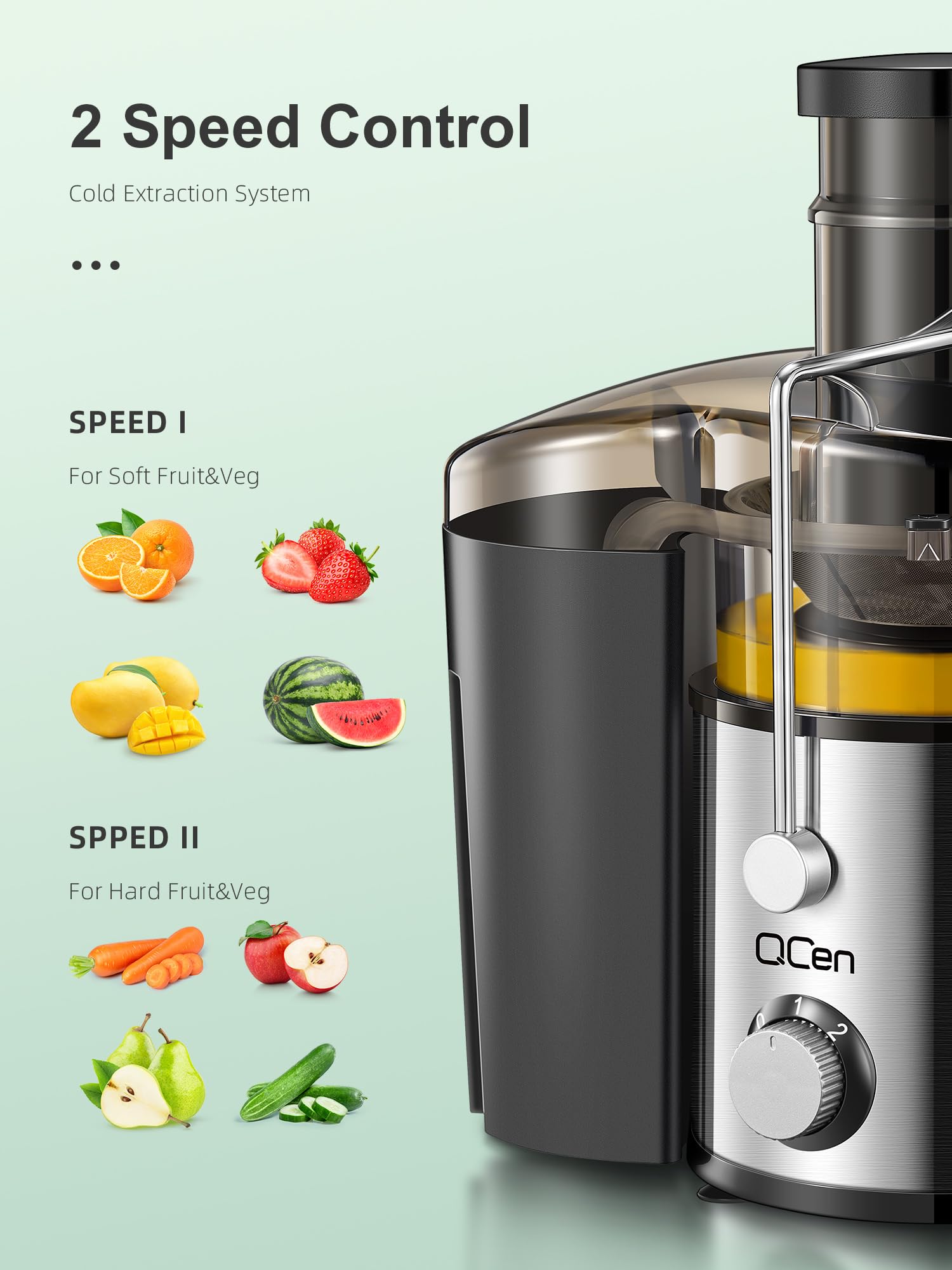 QCen Extracteur de jus centrifuge 800 W avec rampe de remplissage de 7,6 cm de large pour fruits et légumes, facile à nettoyer, acier inoxydable, sans BPA