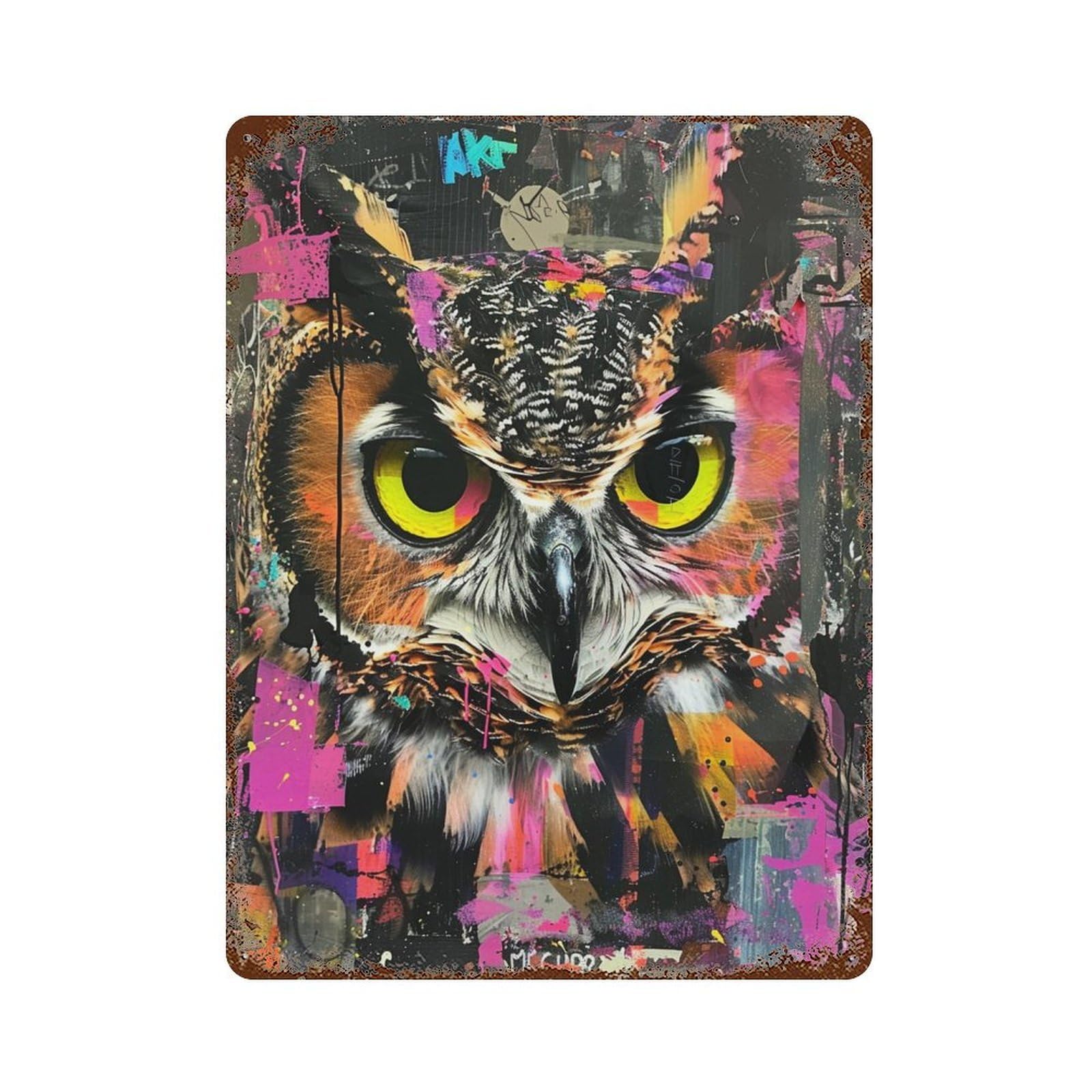 Aged Metal Wall Plaque with Owl Art Print Wildlife Decor Design 15.7"x11.8", for Shed, Workshop And Garage Wall Decor, Decorative Metal Wall Art