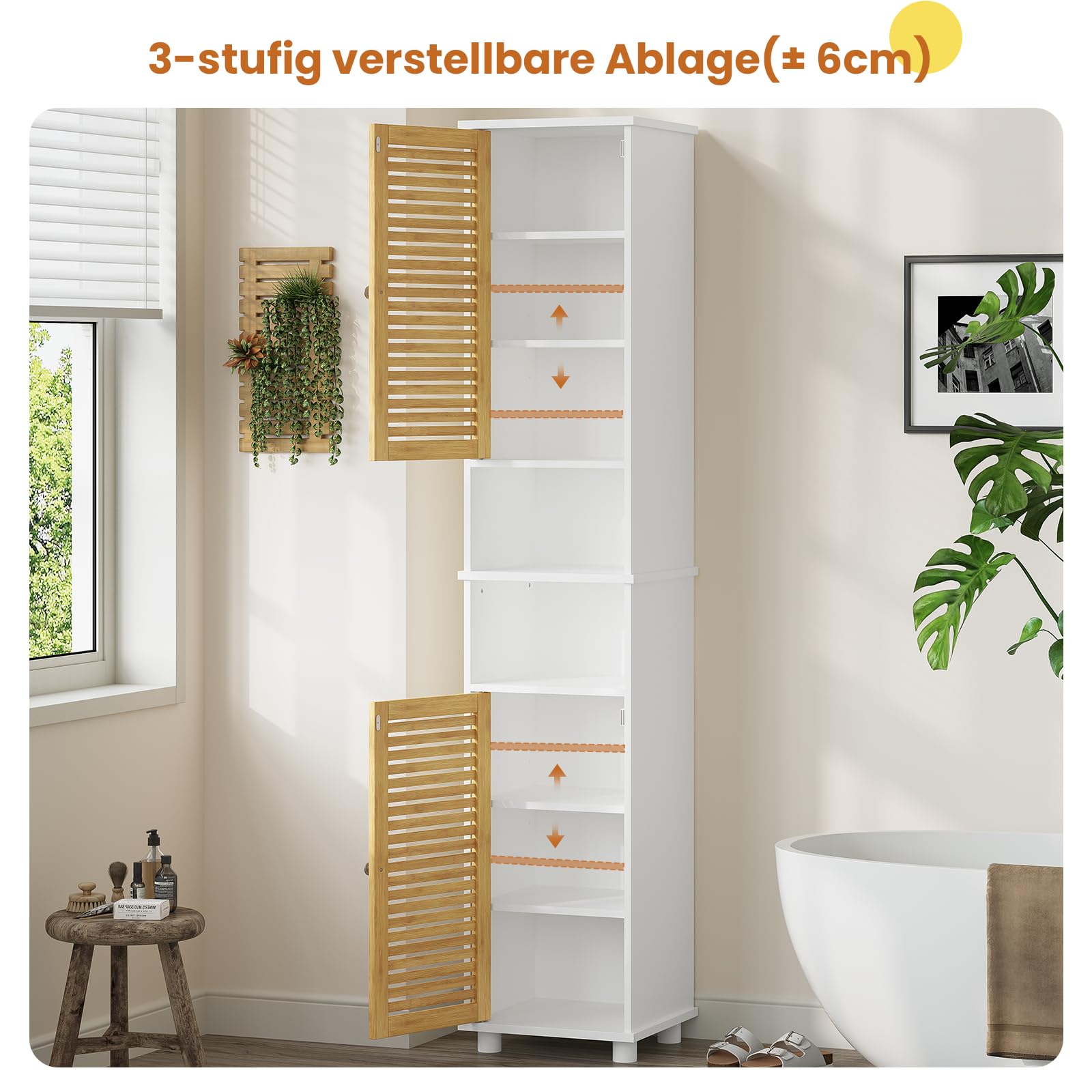 Badezimmer Hochschrank, Badzimmerschrank mit 2 offenen Fächern und verstellbaren Ablagen, Badschrank mit 2 Bambustüren, Badmöbel, für Wohnzimmer, Küche und Bad, 32 x 30 x 190 cm
