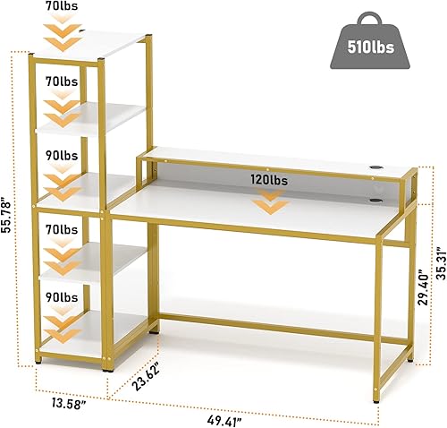 Miniatura 3 de Teraves Escritorio para computadora con estantes de 5 niveles escritorio reversible con almacenamiento mesa de estudio de 47 pulgadas para oficina